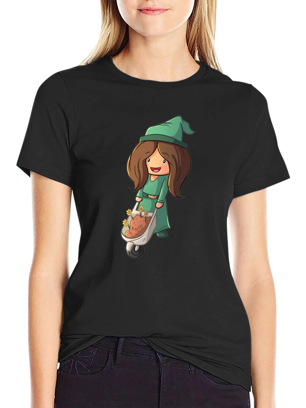 Cartoon Gnome Woman T-Shirt - Black
