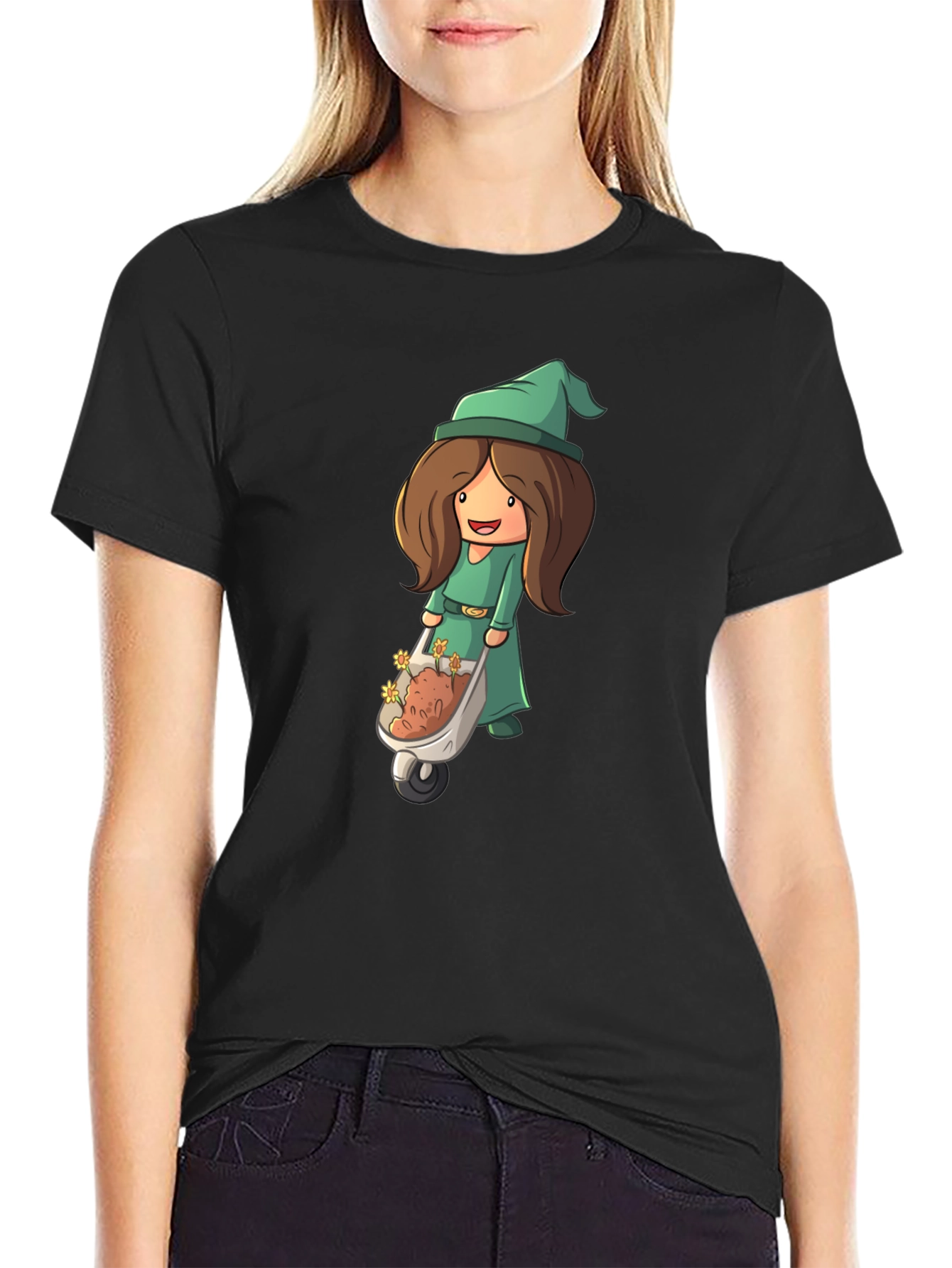 Cartoon Gnome Woman T-Shirt - Black