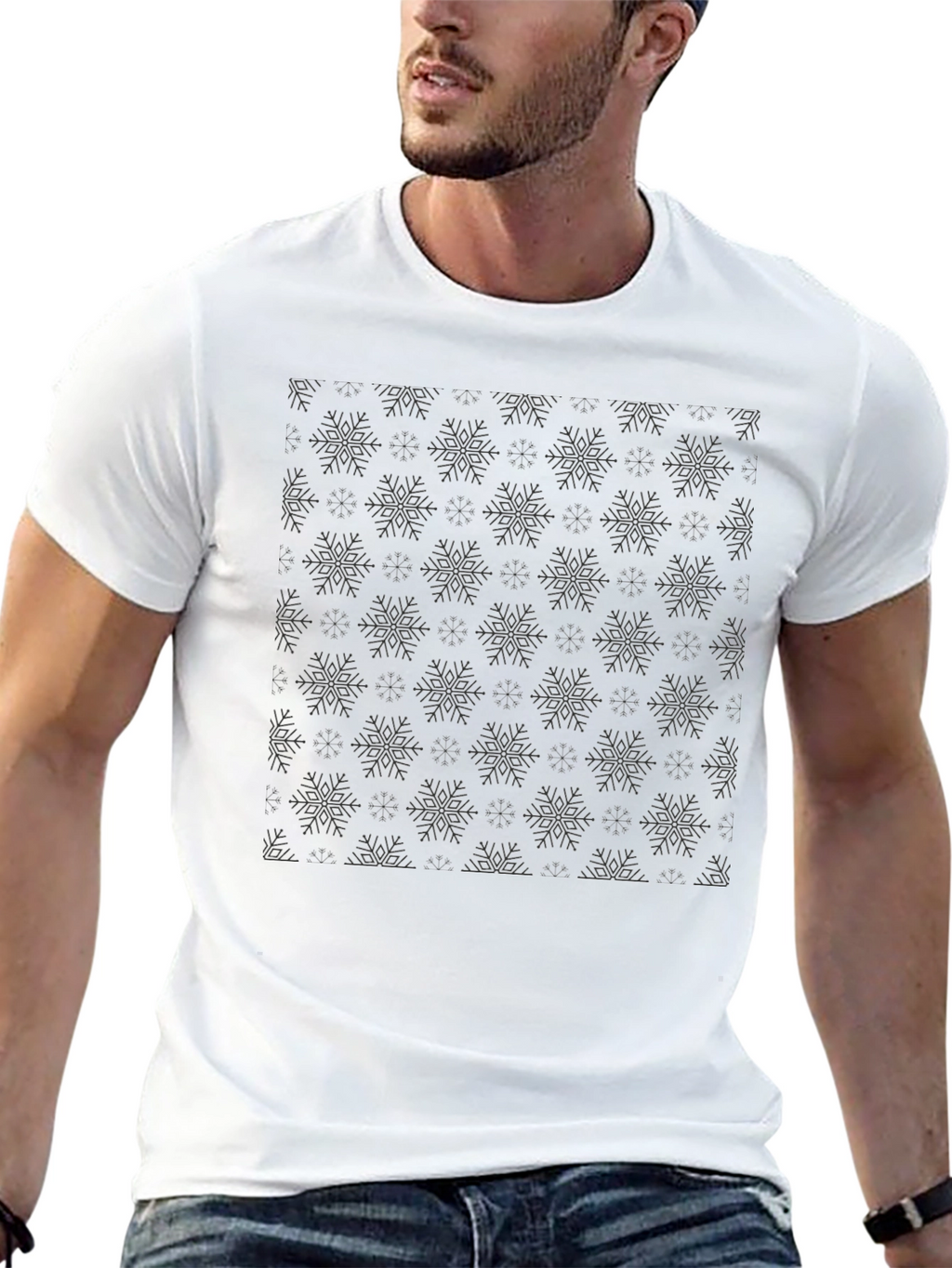 Mens Black Snowflake Pattern Crew Neck T-Shirt