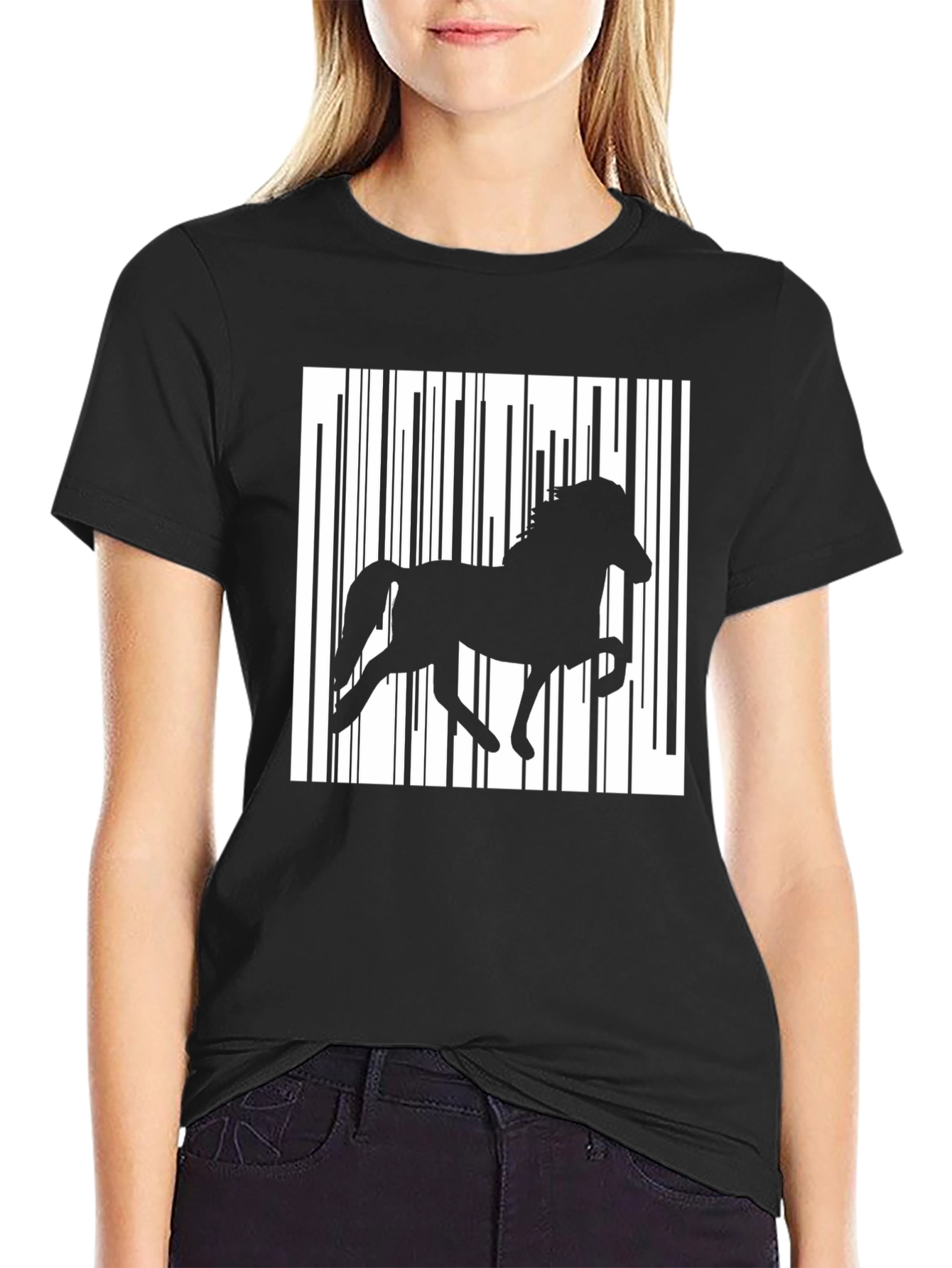 Horse Barcode Graphic Tee - Stylish Mens Black T-Shirt