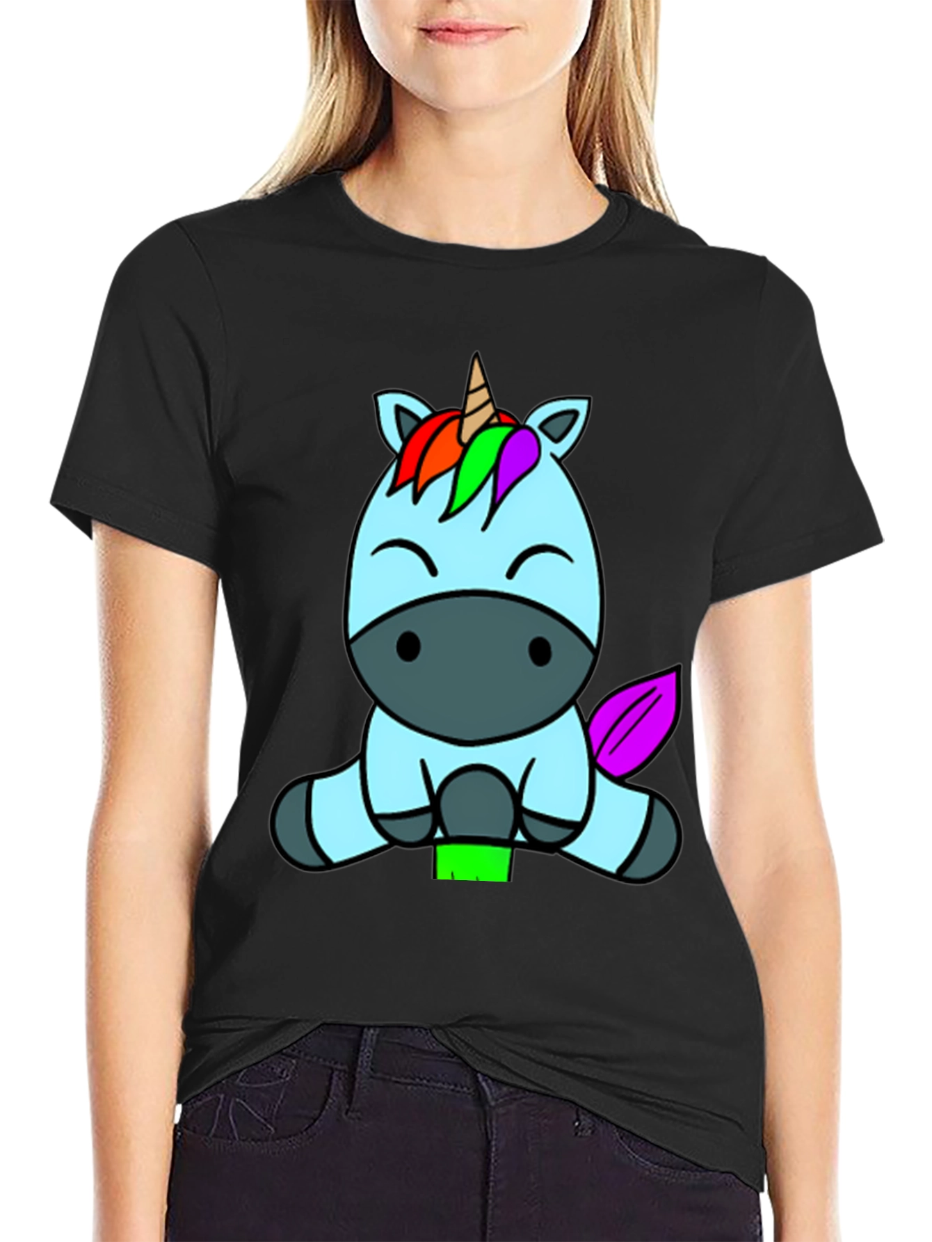 Cute Unicorn Graphic Tee - Black Cotton Blend Shirt