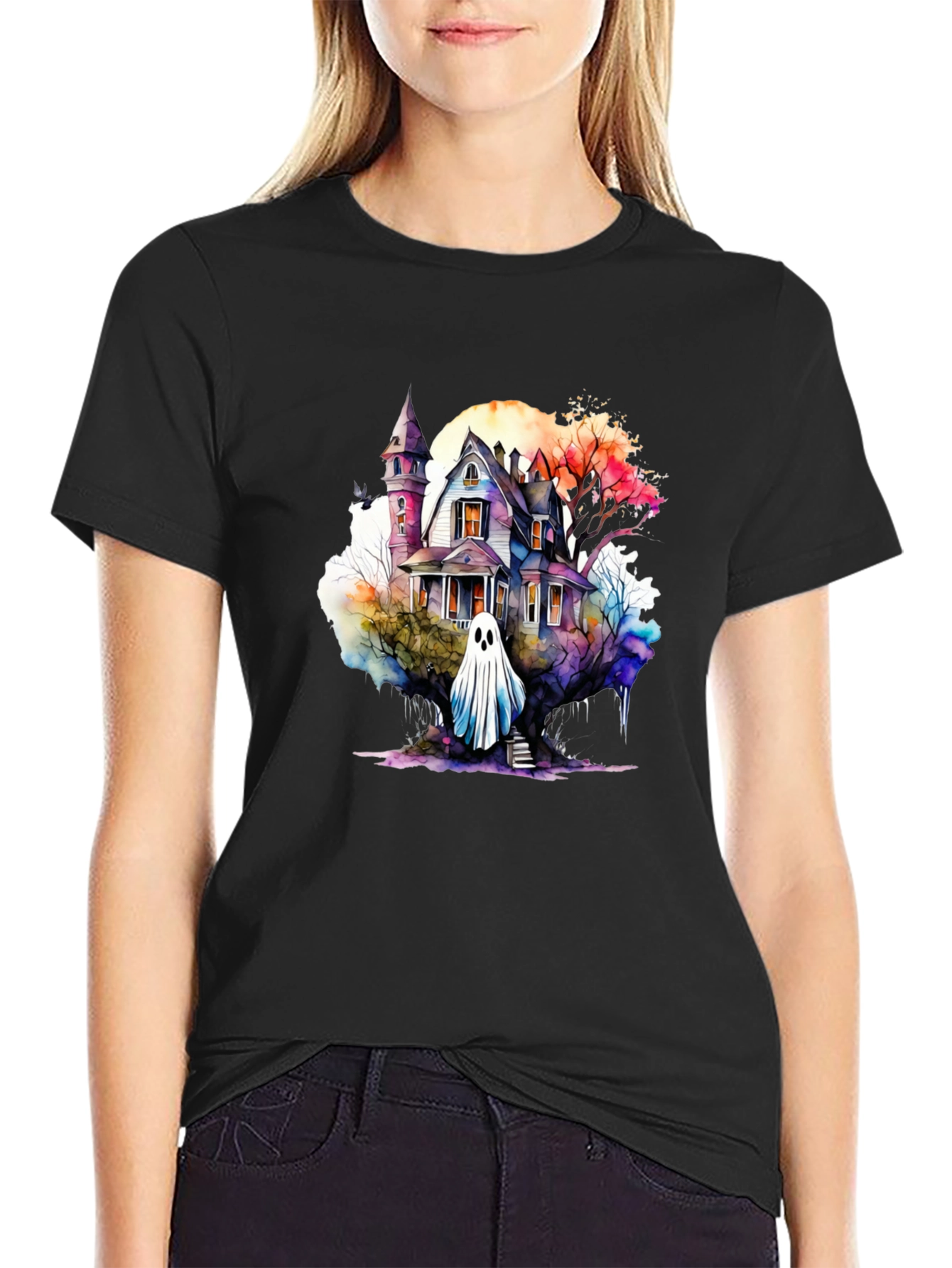 Watercolor Haunted House Ghost T-Shirt