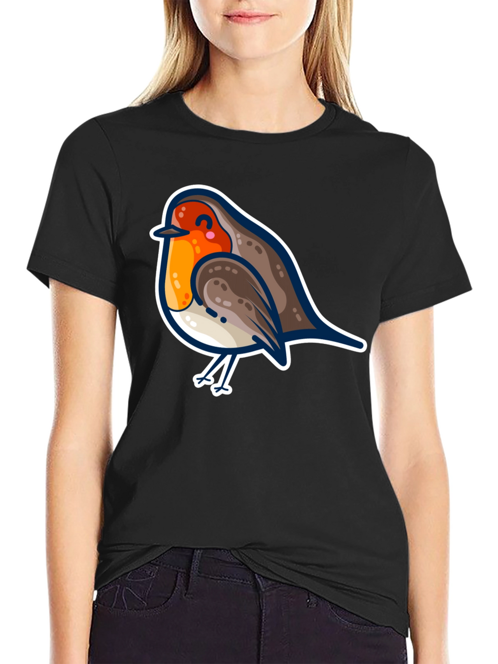 Cute Robin Bird Graphic Tee - Black Cotton T-Shirt