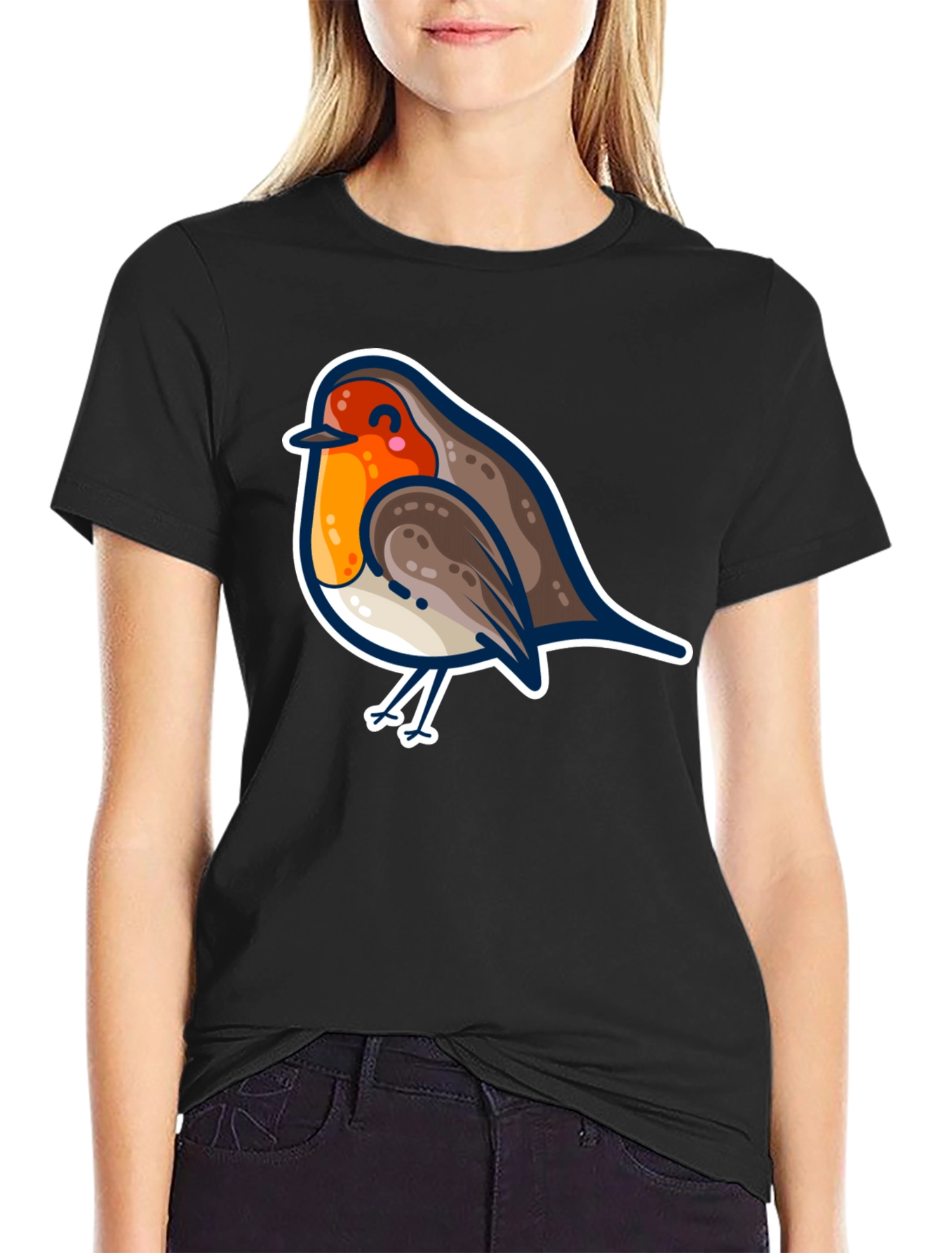 Cute Robin Bird Graphic Tee - Black Cotton T-Shirt
