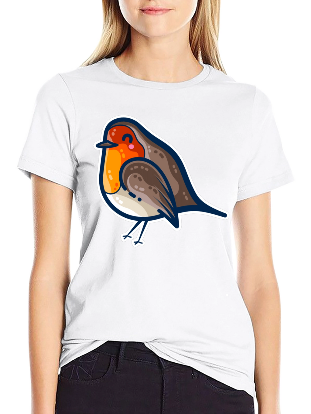 Cute Robin Bird Graphic Tee - Black Cotton T-Shirt