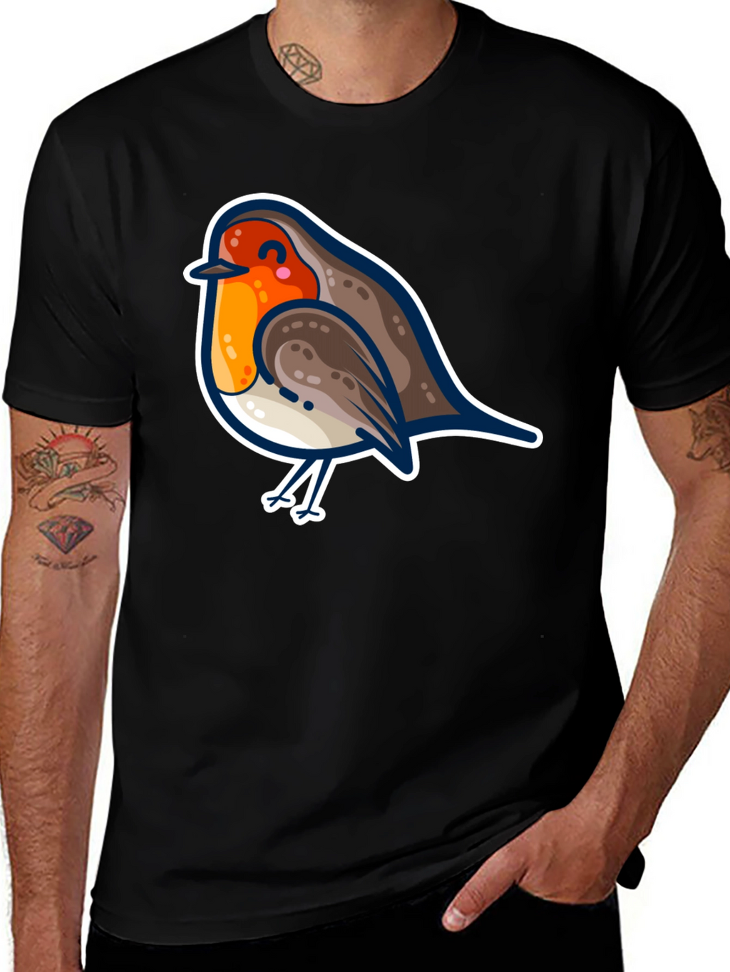 Cute Robin Bird Graphic Tee - Black Cotton T-Shirt