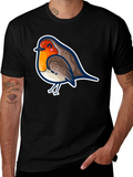 Cute Robin Bird Graphic Tee - Black Cotton T-Shirt