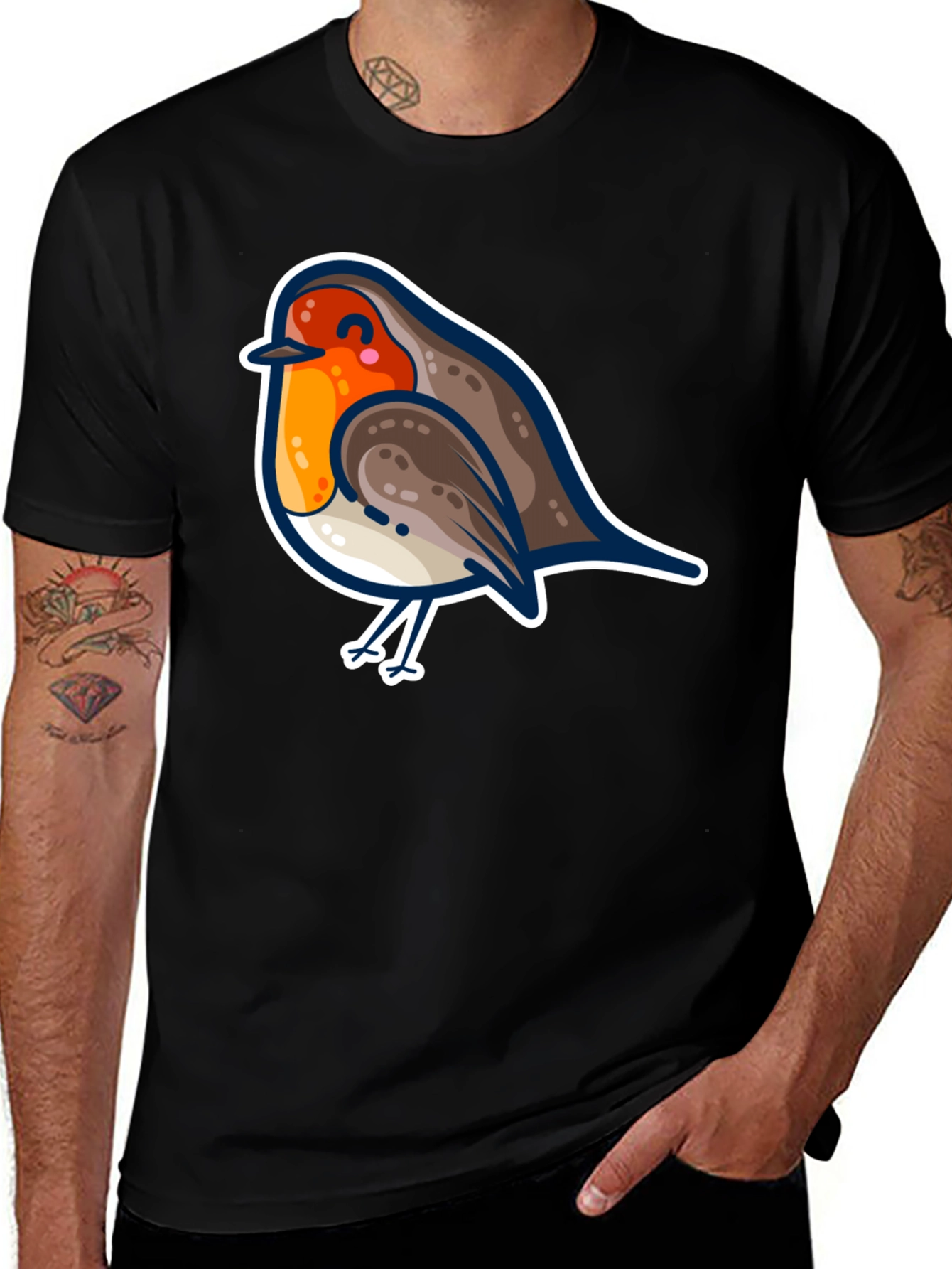 Cute Robin Bird Graphic Tee - Black Cotton T-Shirt