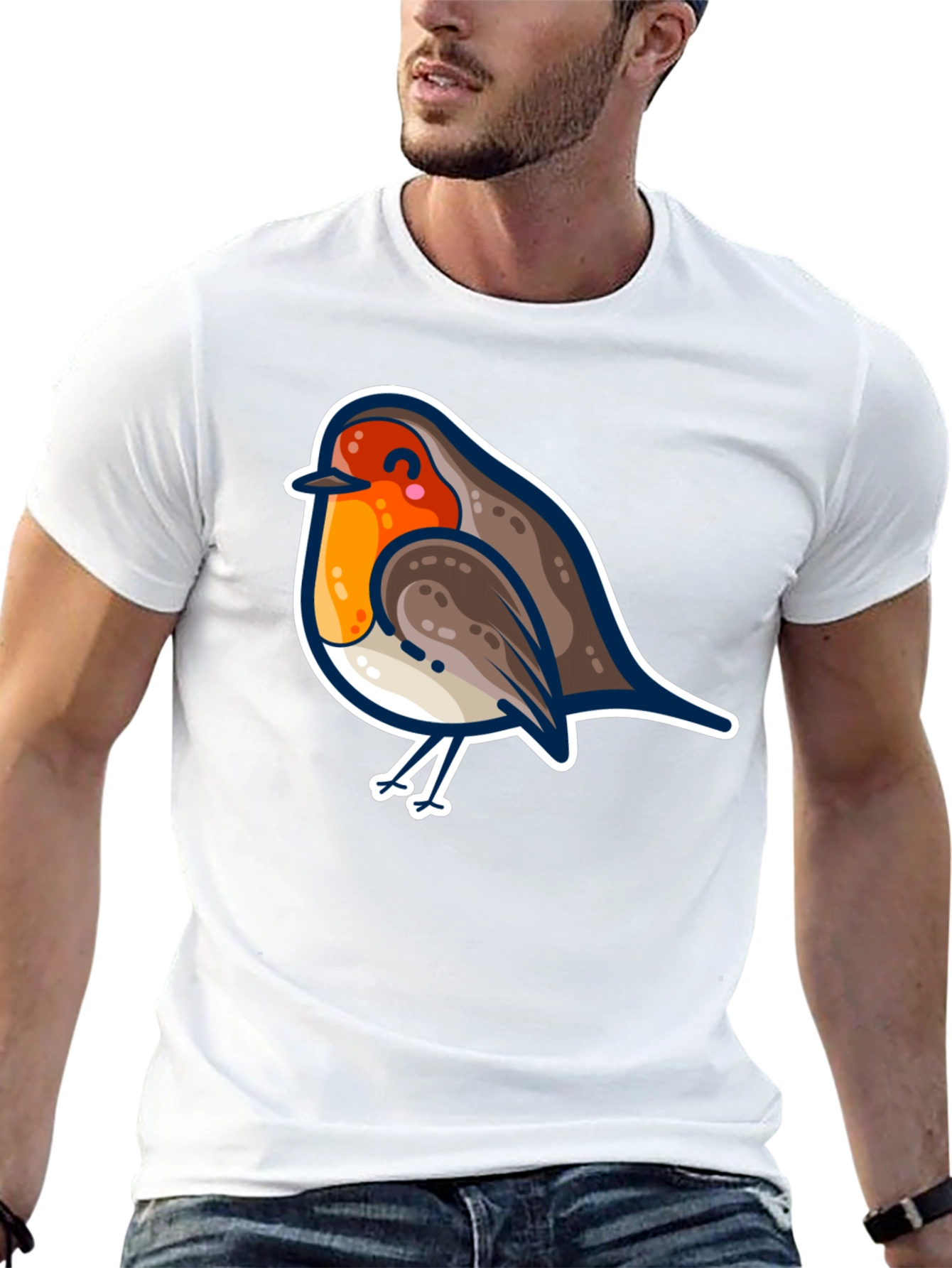 Cute Robin Bird Graphic Tee - Black Cotton T-Shirt