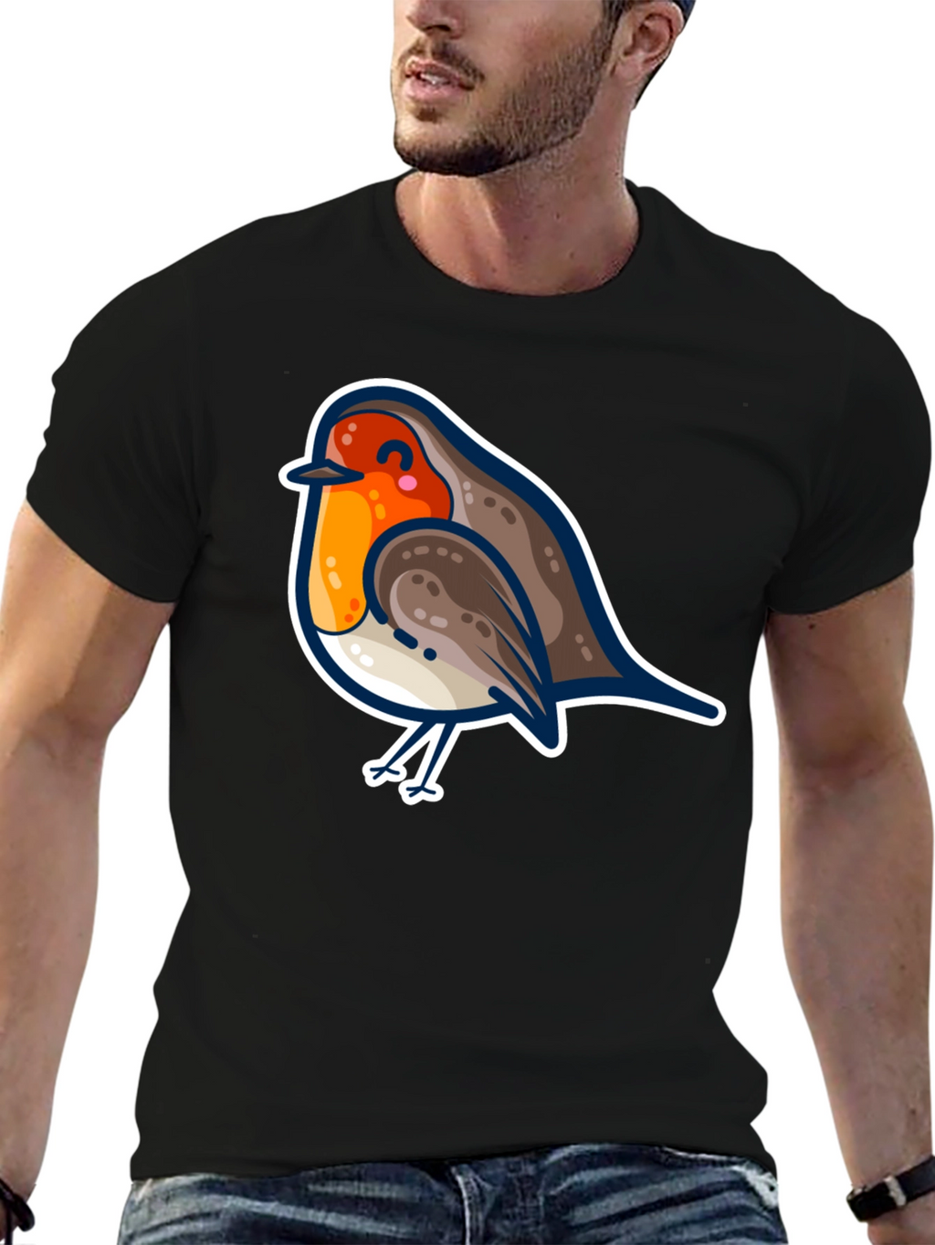 Cute Robin Bird Graphic Tee - Black Cotton T-Shirt