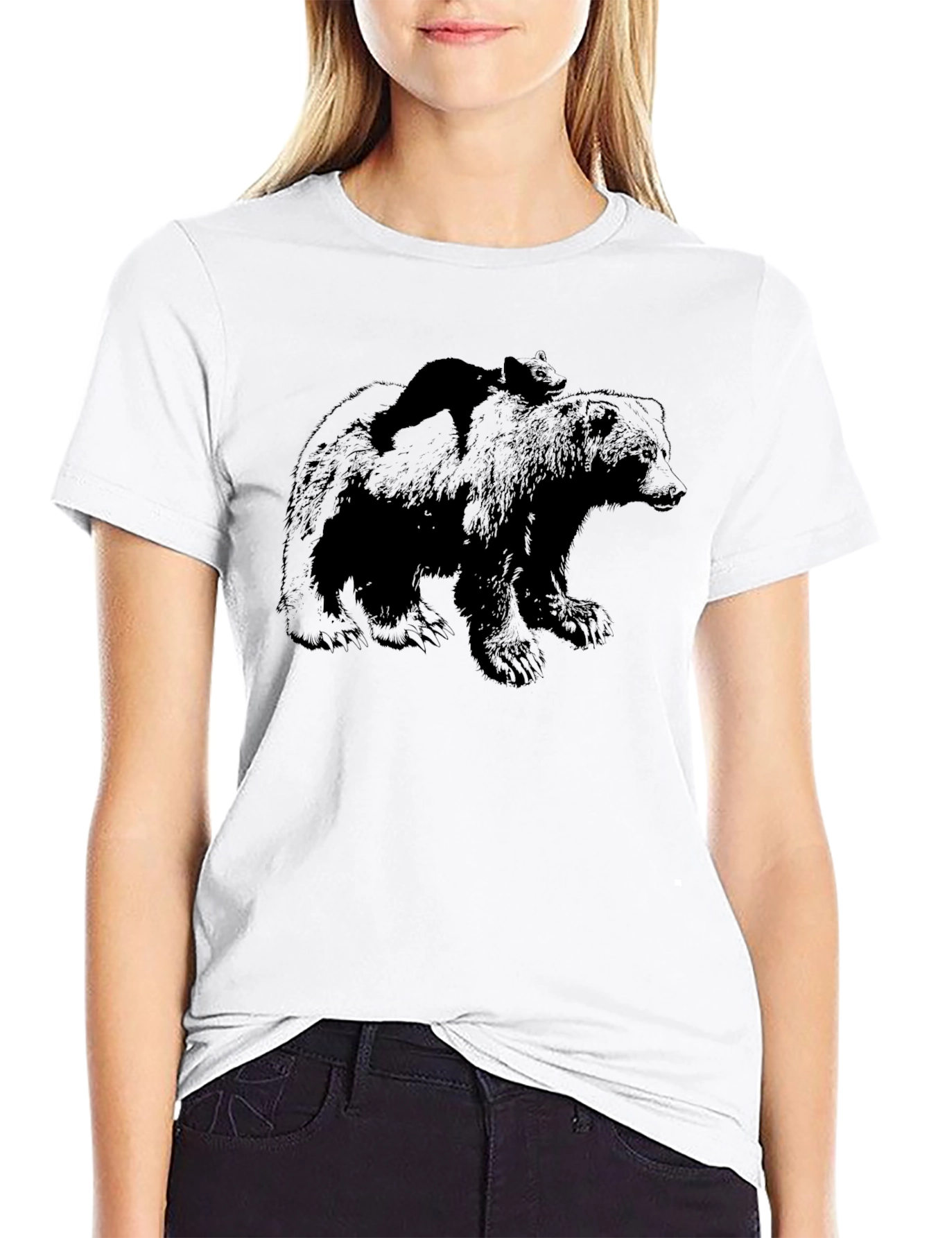 Bear & Cub Graphic Tee - Black Crewneck Shirt