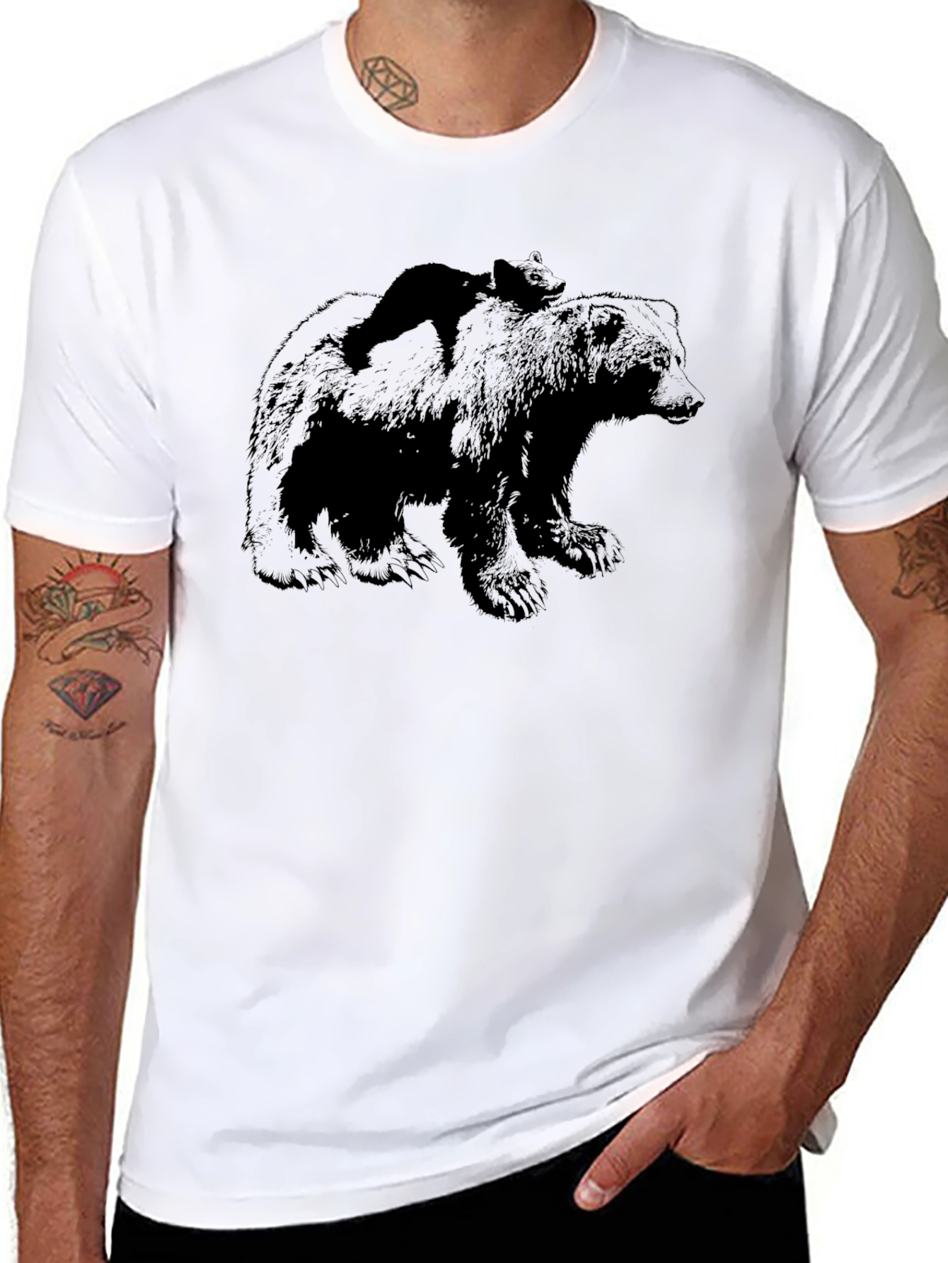 Bear & Cub Graphic Tee - Black Crewneck Shirt