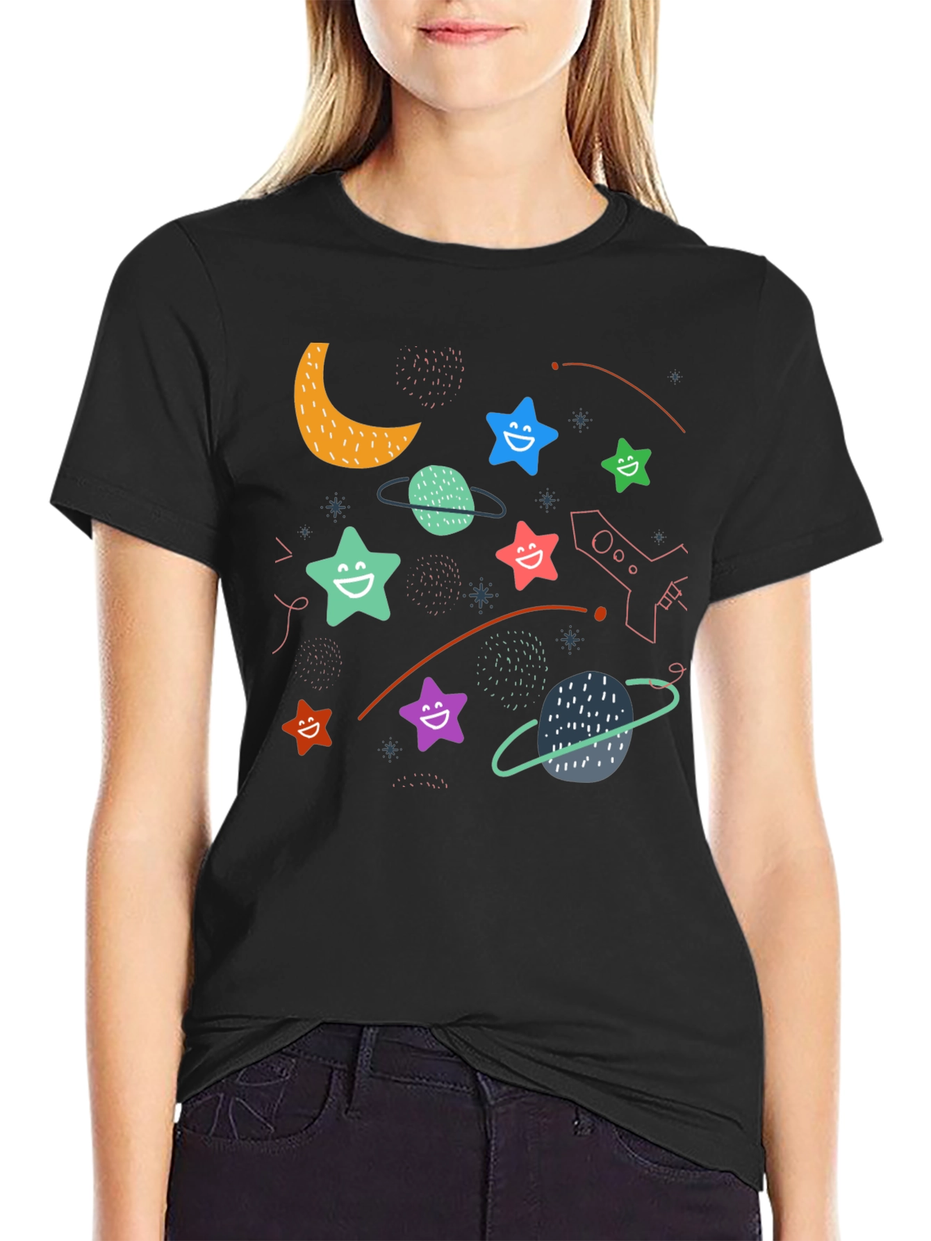 Cosmic Dreamer T-Shirt: Stars Planets and Rocket Fun!