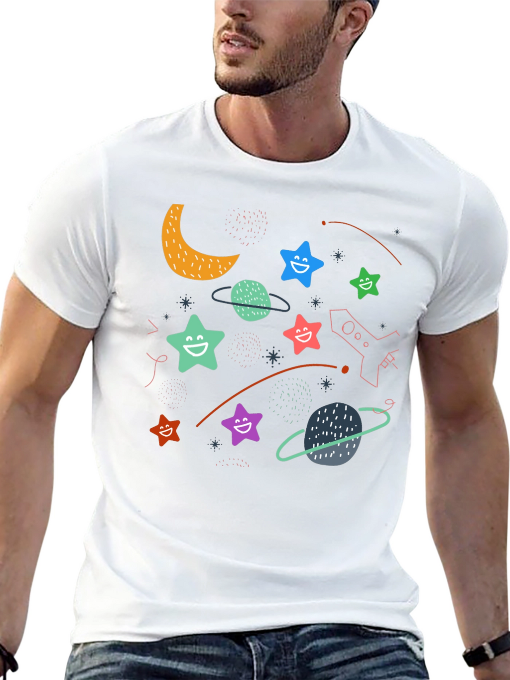 Cosmic Dreamer T-Shirt: Stars Planets and Rocket Fun!
