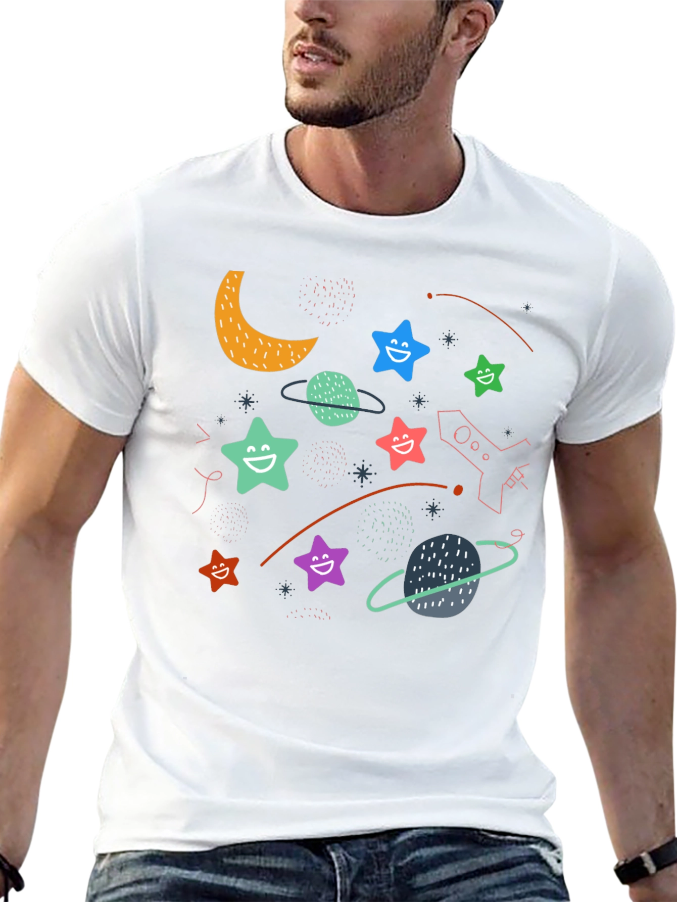 Cosmic Dreamer T-Shirt: Stars Planets and Rocket Fun!