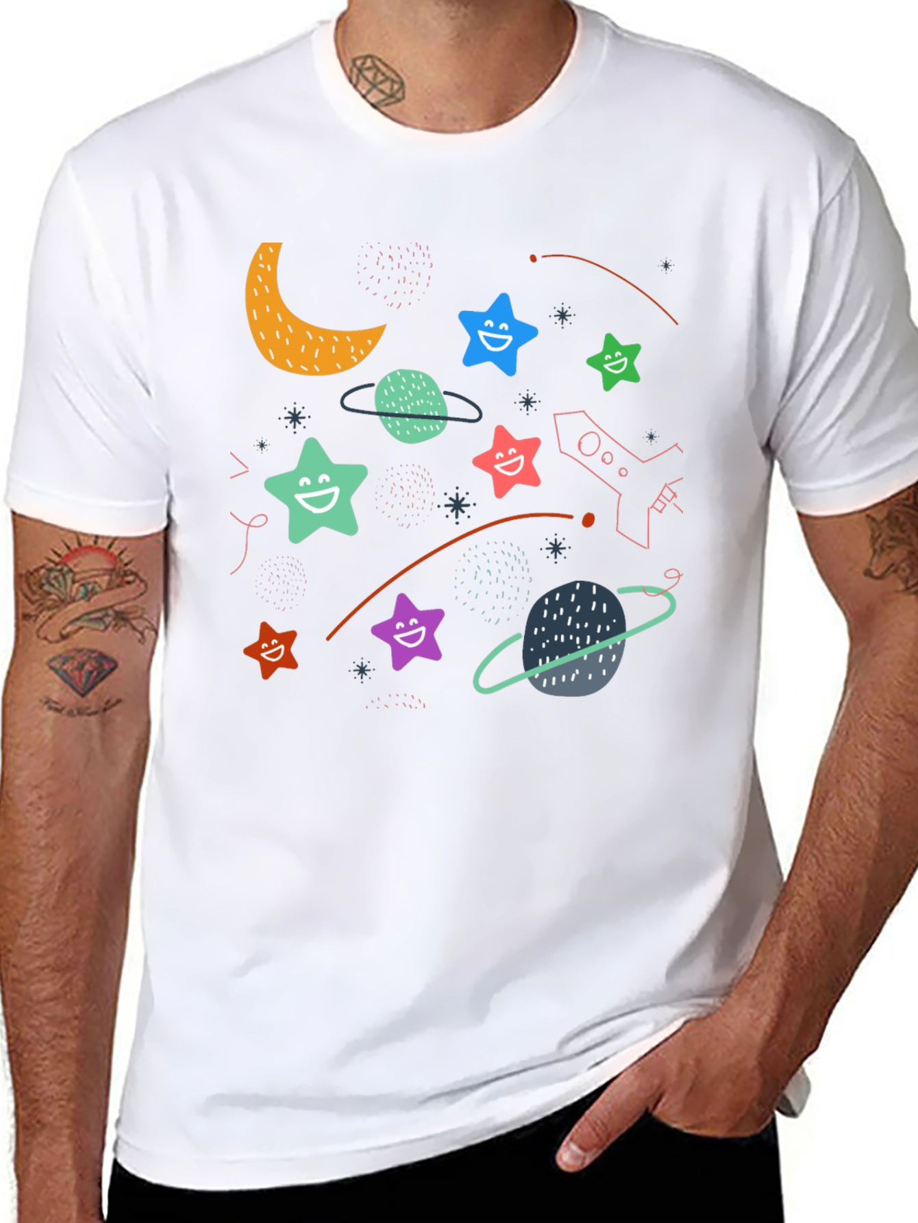 Cosmic Dreamer T-Shirt: Stars Planets and Rocket Fun!