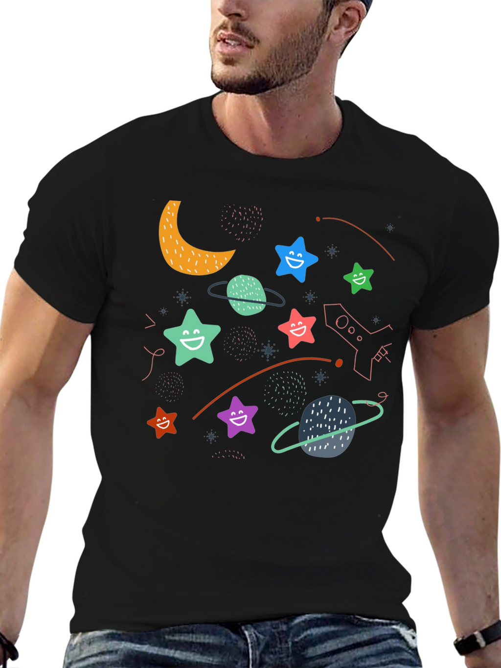 Cosmic Dreamer T-Shirt: Stars Planets and Rocket Fun!