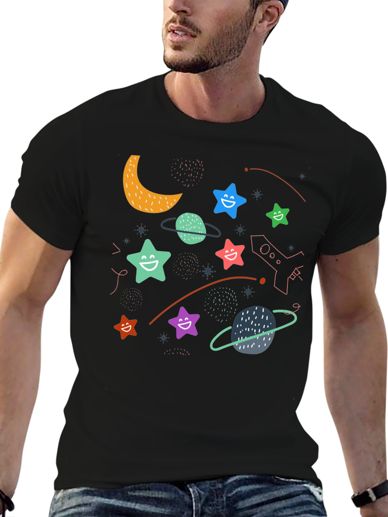 Cosmic Dreamer T-Shirt: Stars Planets and Rocket Fun!