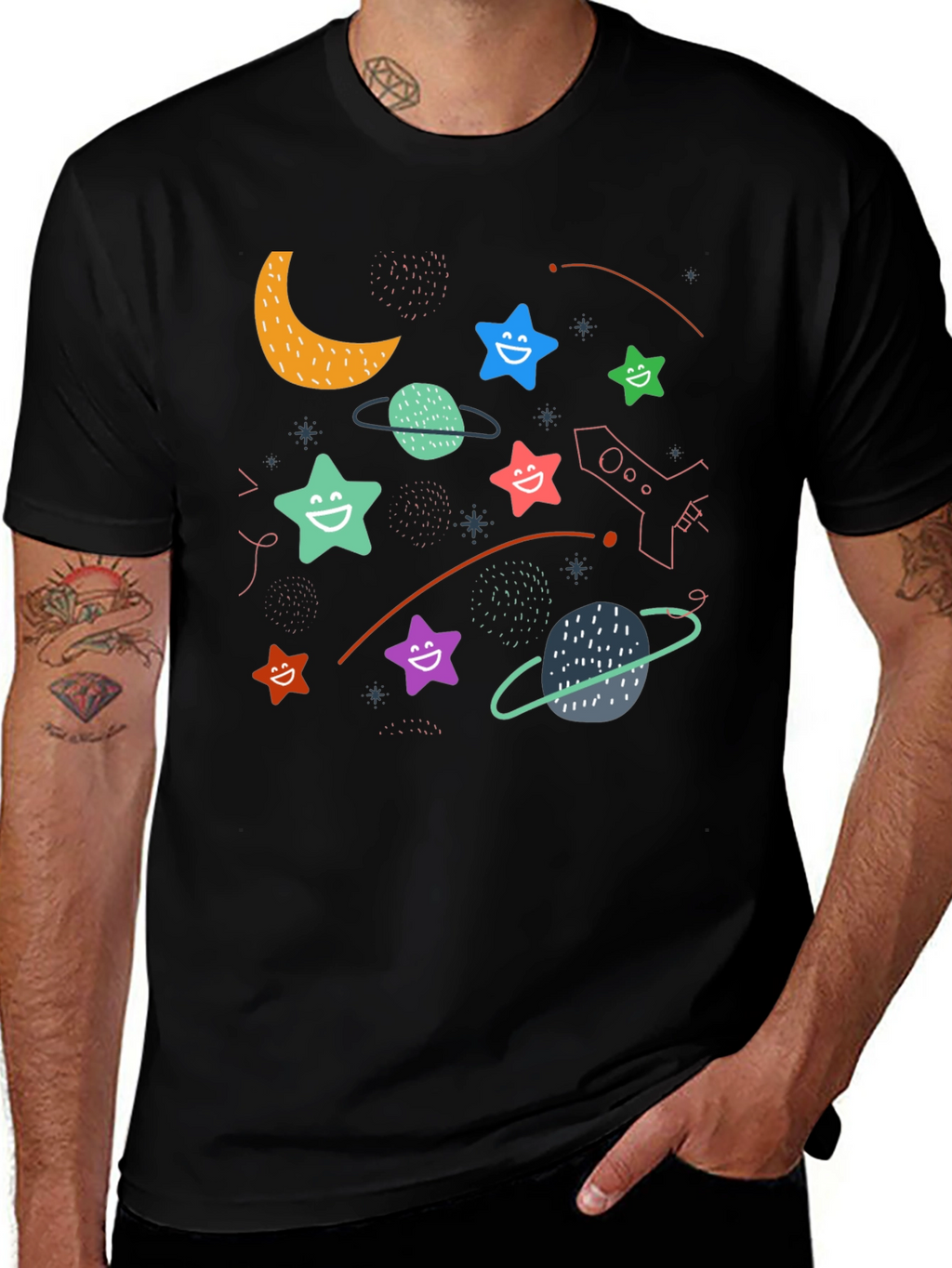 Cosmic Dreamer T-Shirt: Stars Planets and Rocket Fun!
