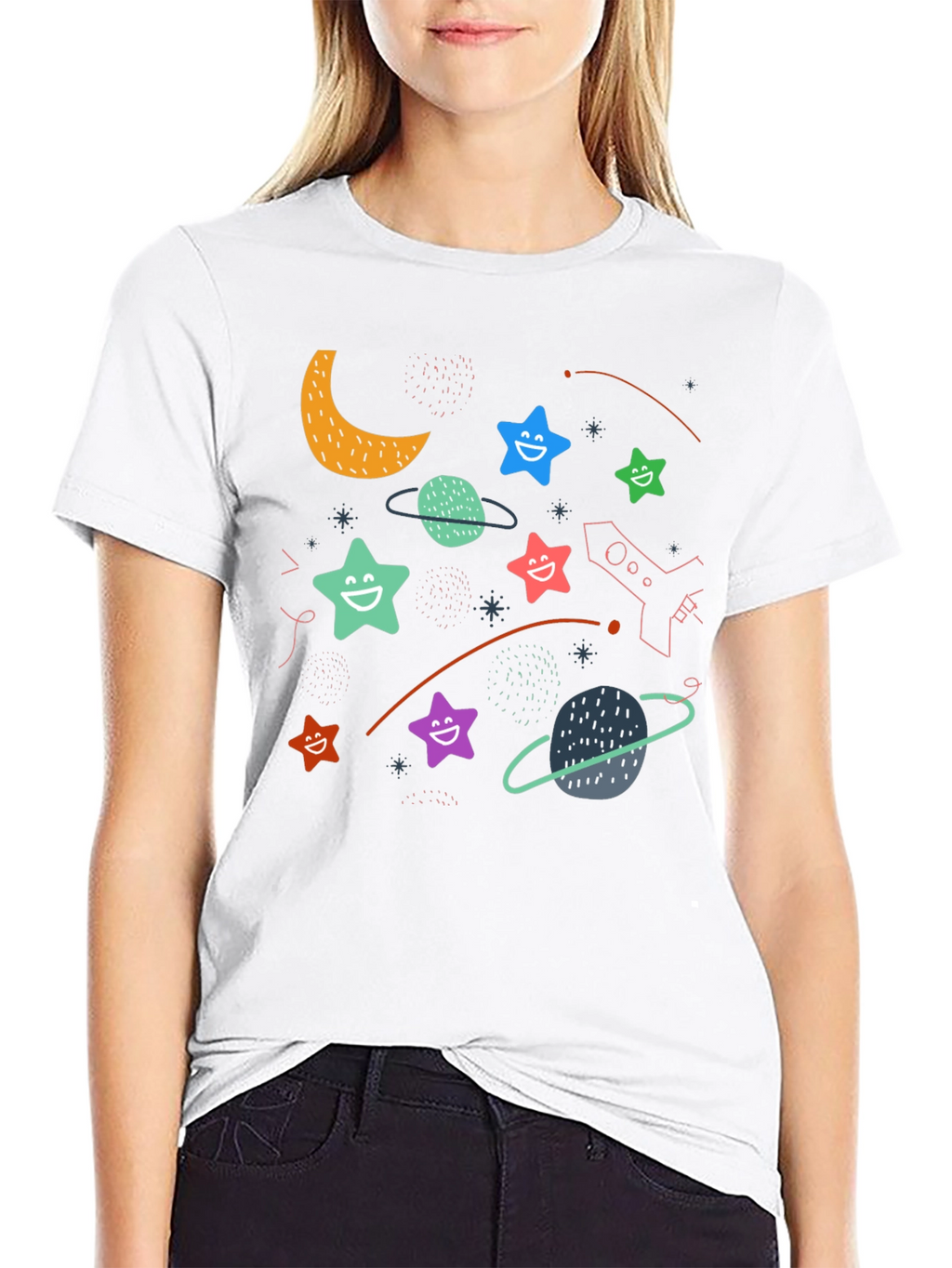 Cosmic Dreamer T-Shirt: Stars Planets and Rocket Fun!