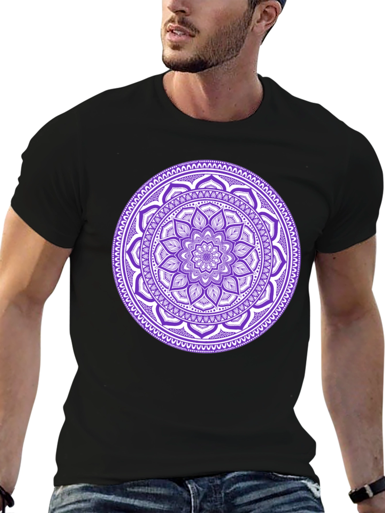 Black Tee with Purple Mandala Design