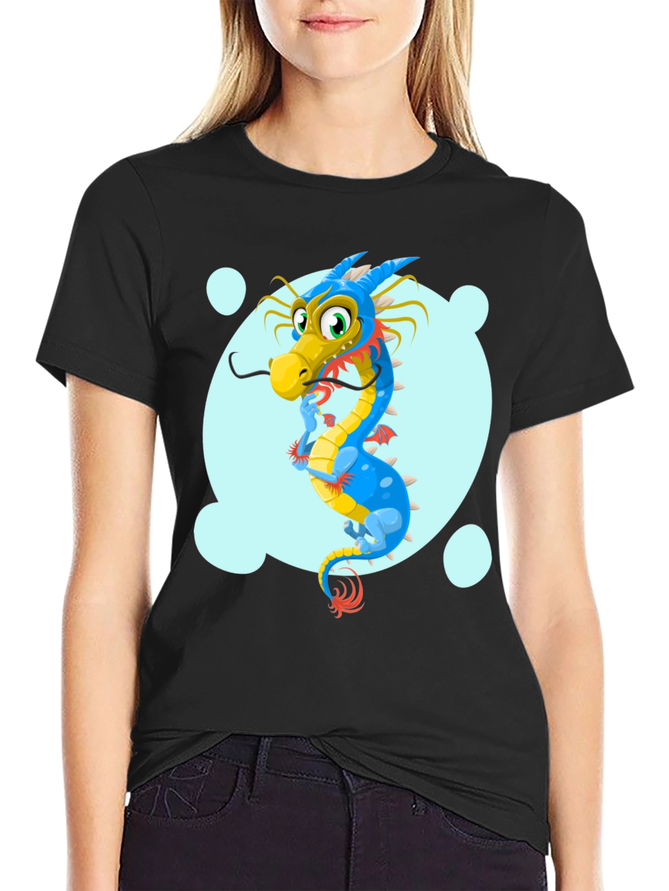 Cartoon Dragon Graphic Tee - Black Cotton T-Shirt