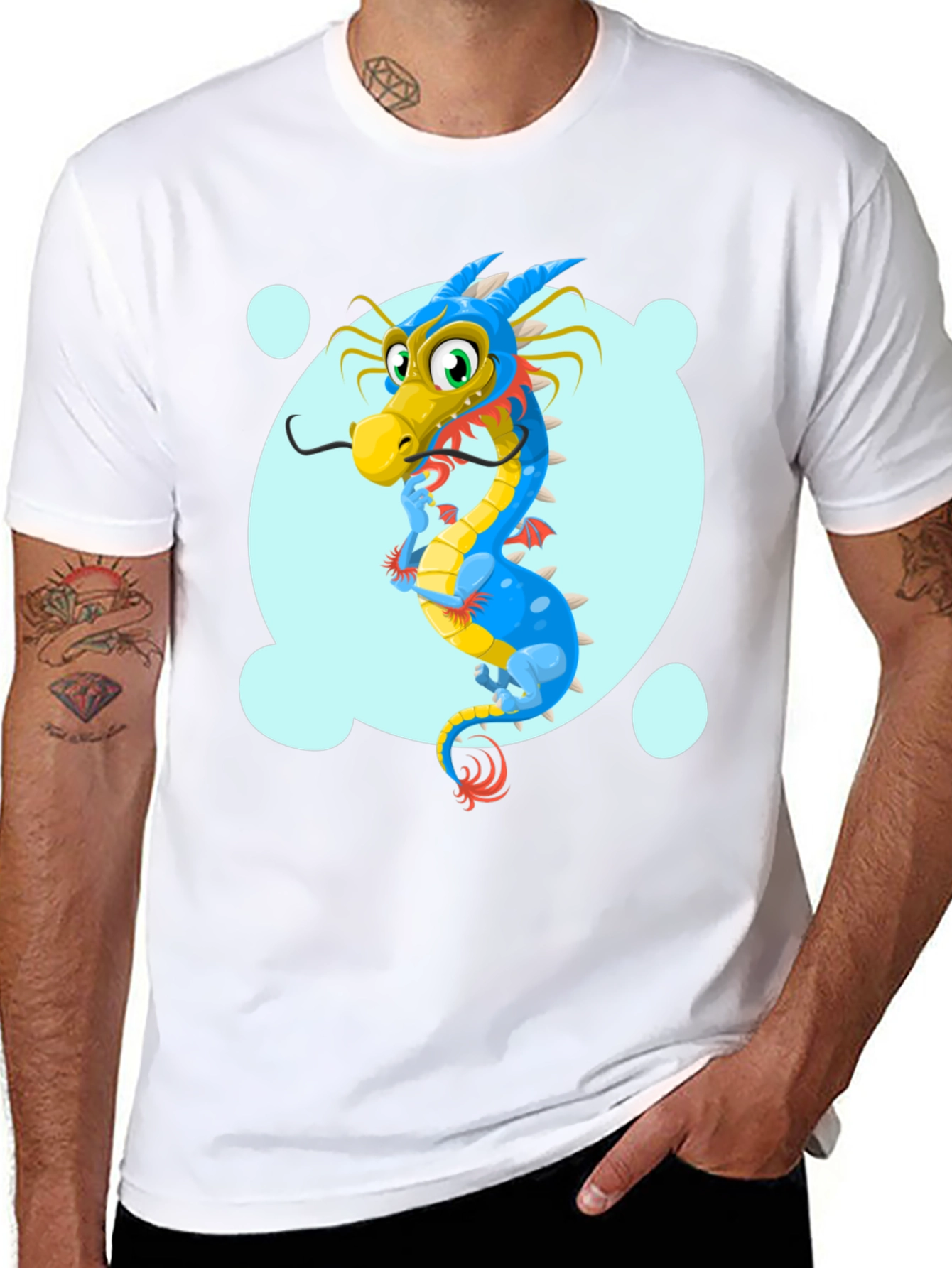 Cartoon Dragon Graphic Tee - Black Cotton T-Shirt