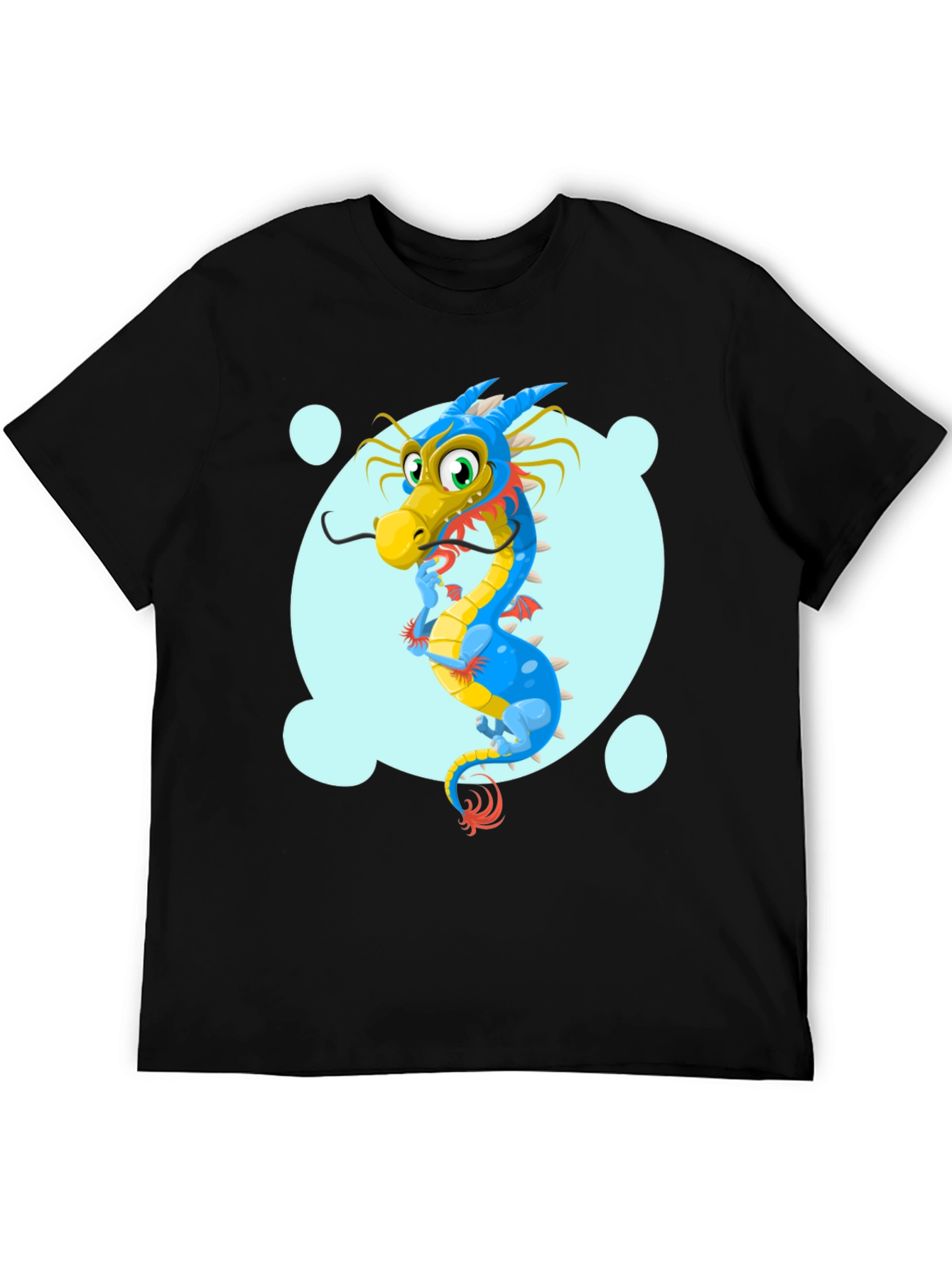 Cartoon Dragon Graphic Tee - Black Cotton T-Shirt