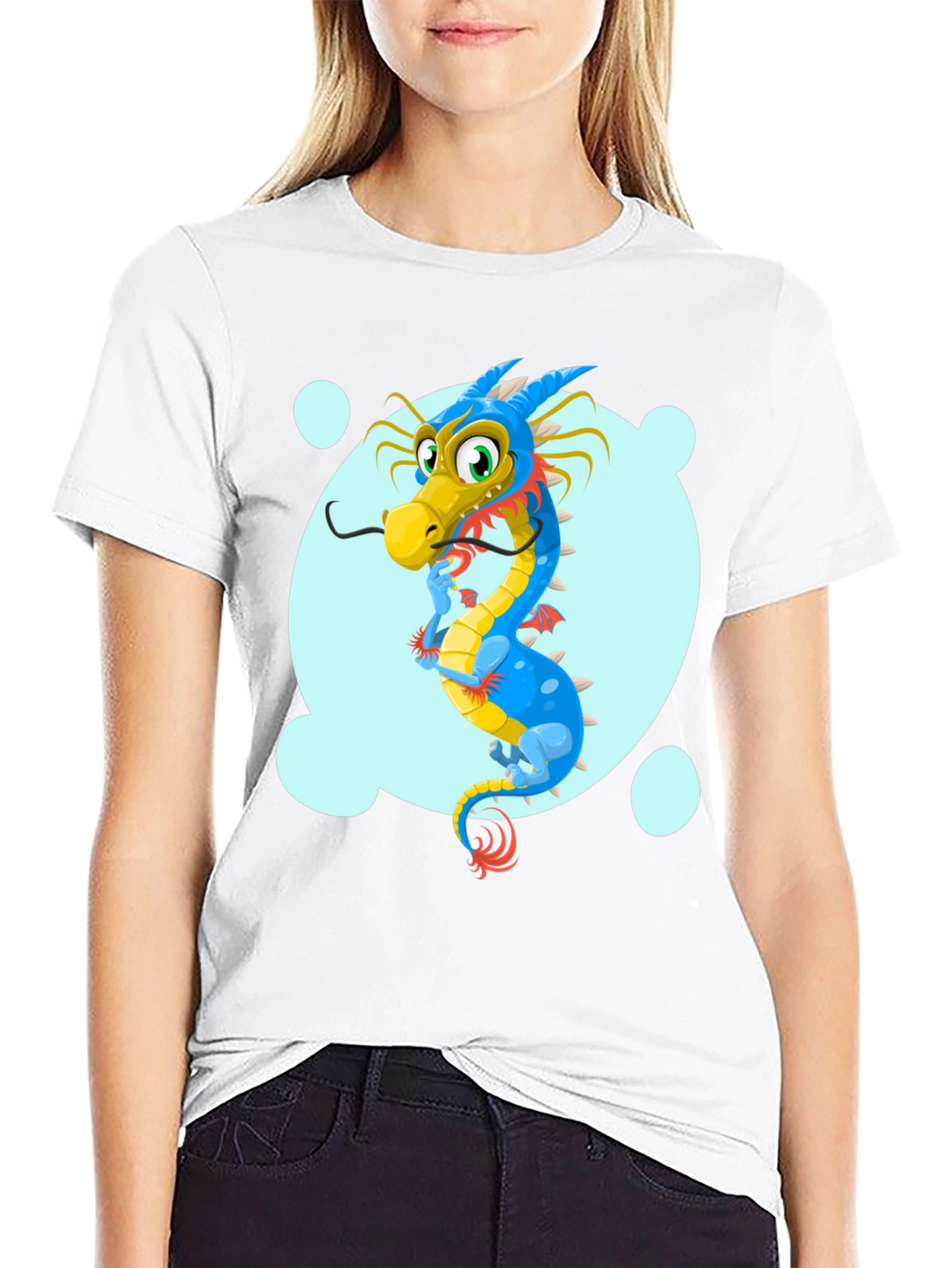 Cartoon Dragon Graphic Tee - Black Cotton T-Shirt