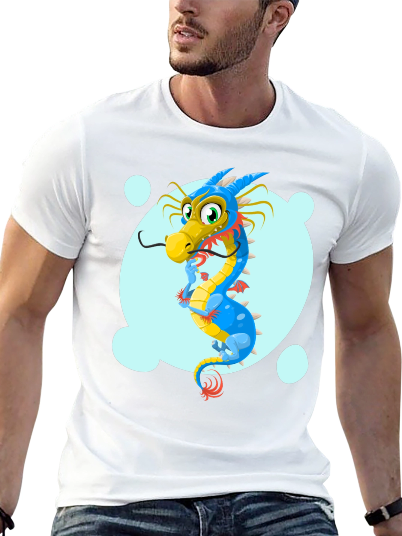 Cartoon Dragon Graphic Tee - Black Cotton T-Shirt