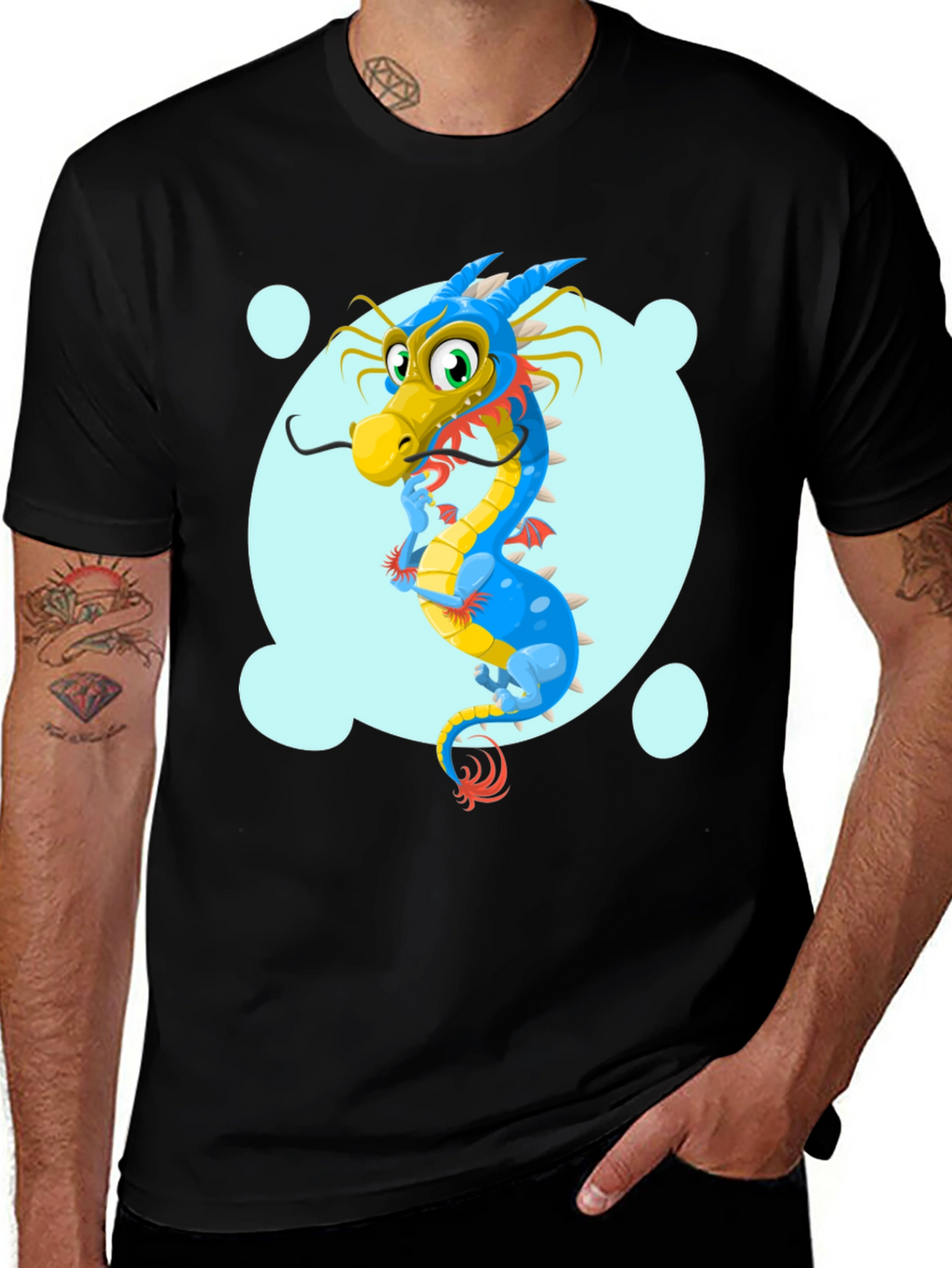 Cartoon Dragon Graphic Tee - Black Cotton T-Shirt