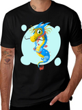 Cartoon Dragon Graphic Tee - Black Cotton T-Shirt