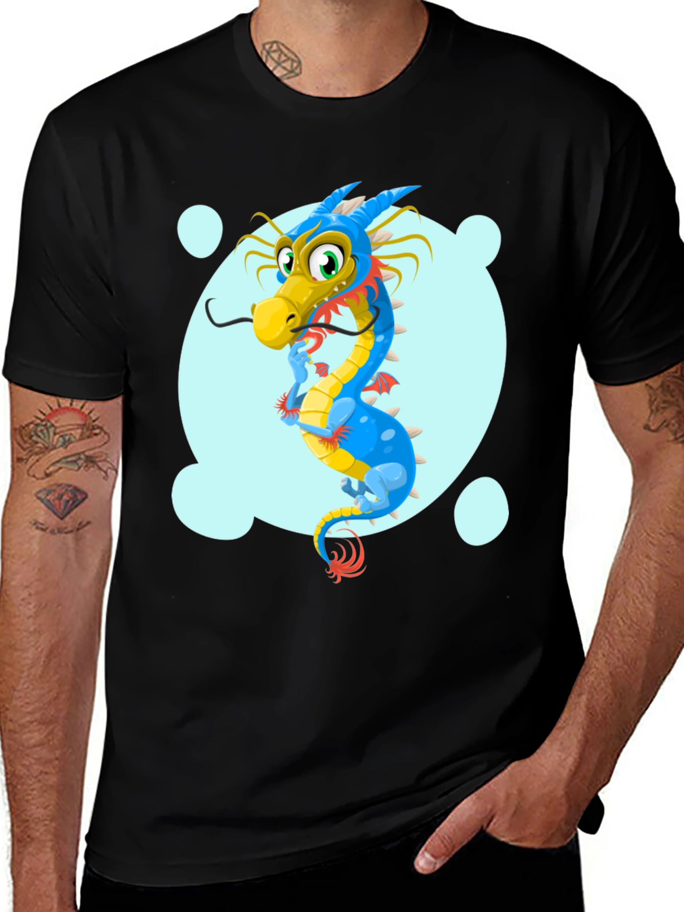 Cartoon Dragon Graphic Tee - Black Cotton T-Shirt