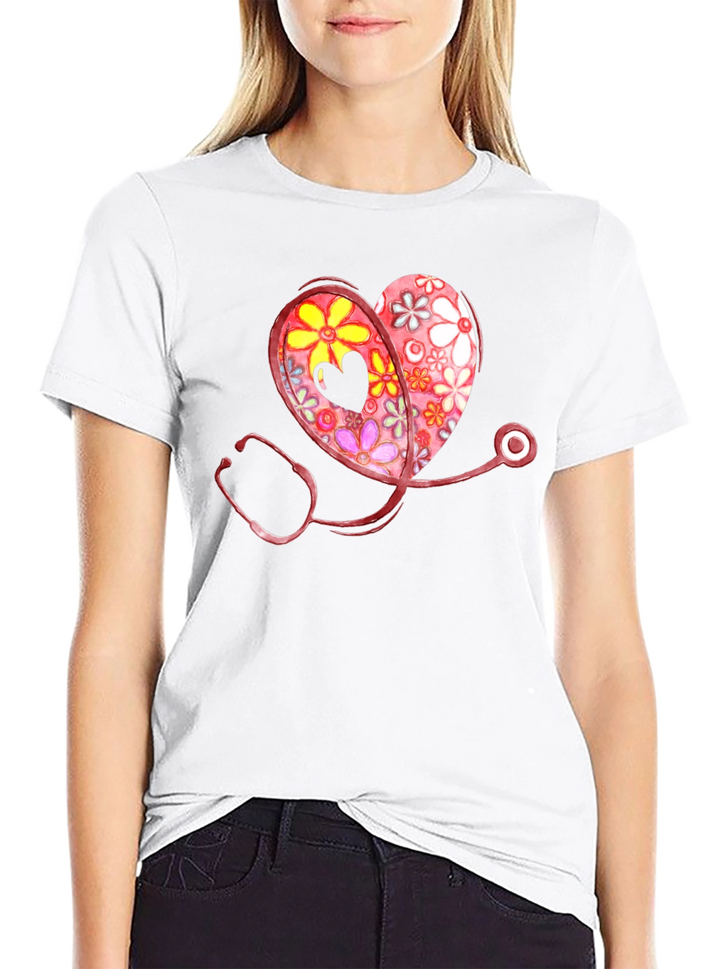 Floral Heart Stethoscope Graphic T-Shirt