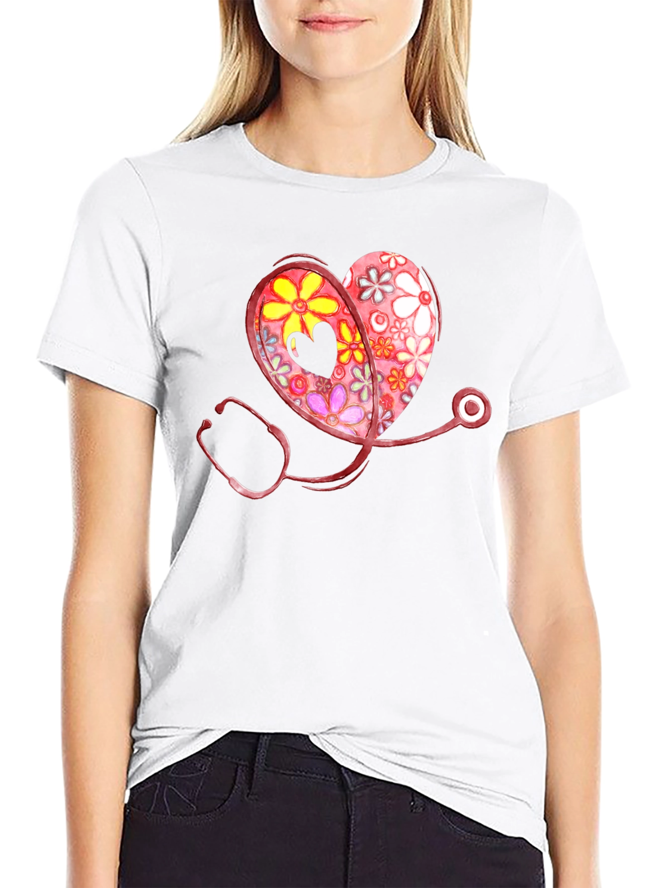 Floral Heart Stethoscope Graphic T-Shirt