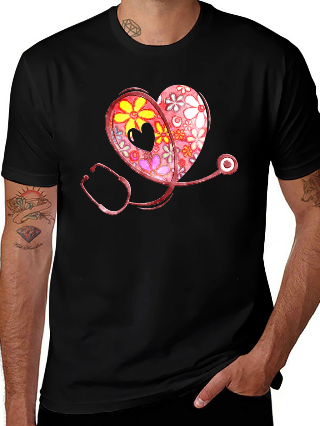 Floral Heart Stethoscope Graphic T-Shirt