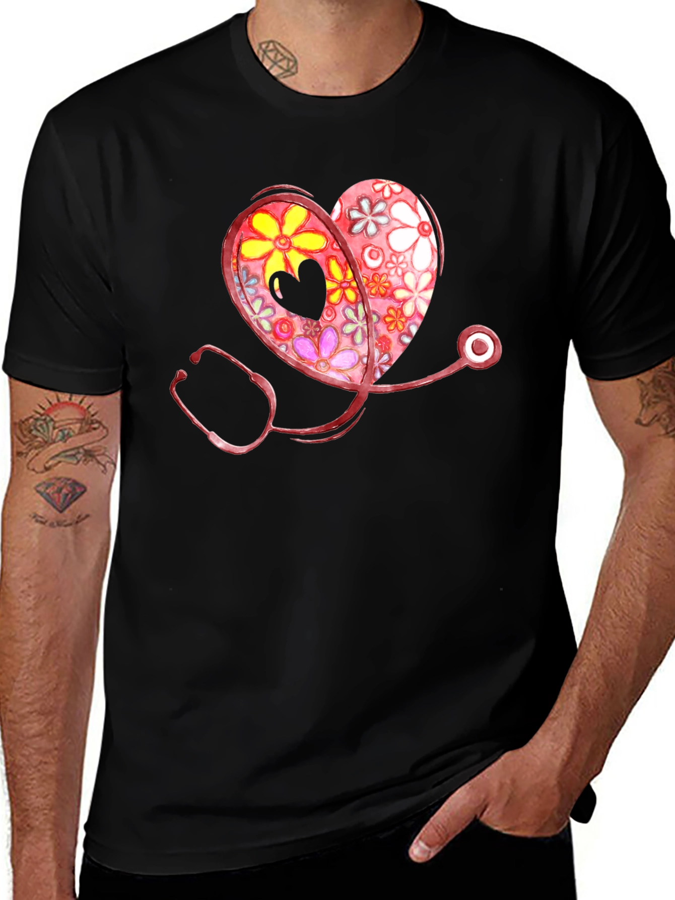 Floral Heart Stethoscope Graphic T-Shirt