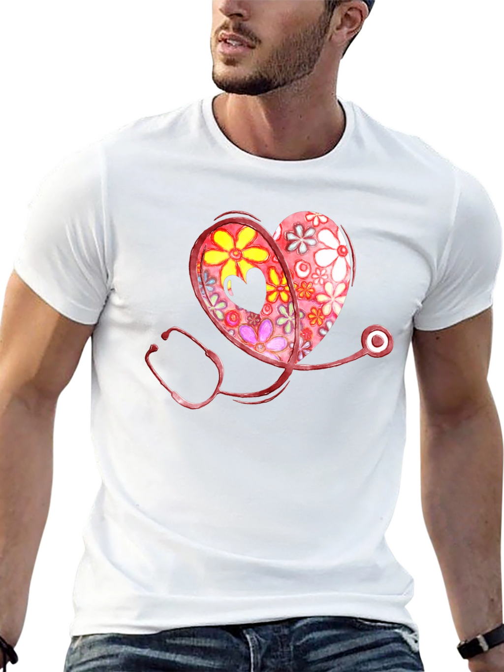 Floral Heart Stethoscope Graphic T-Shirt