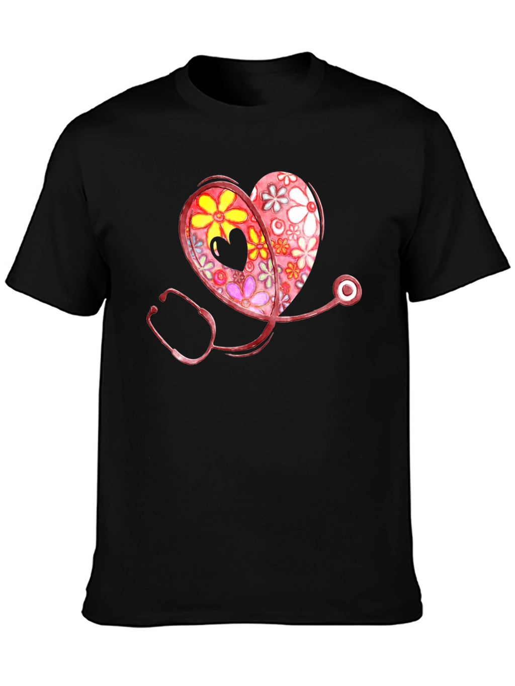 Floral Heart Stethoscope Graphic T-Shirt