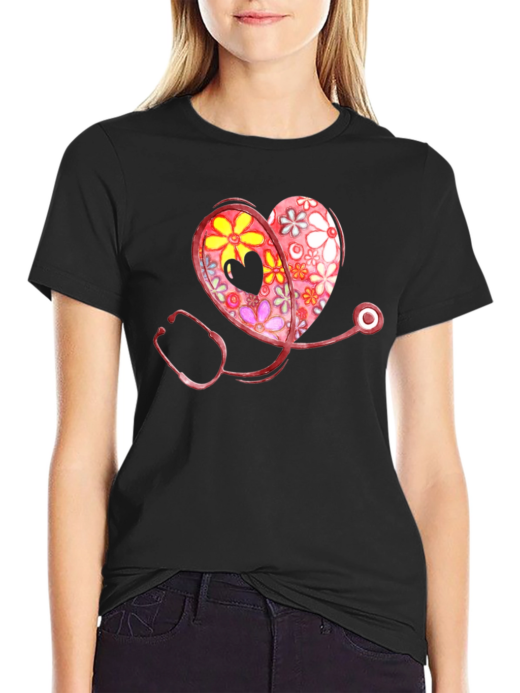 Floral Heart Stethoscope Graphic T-Shirt