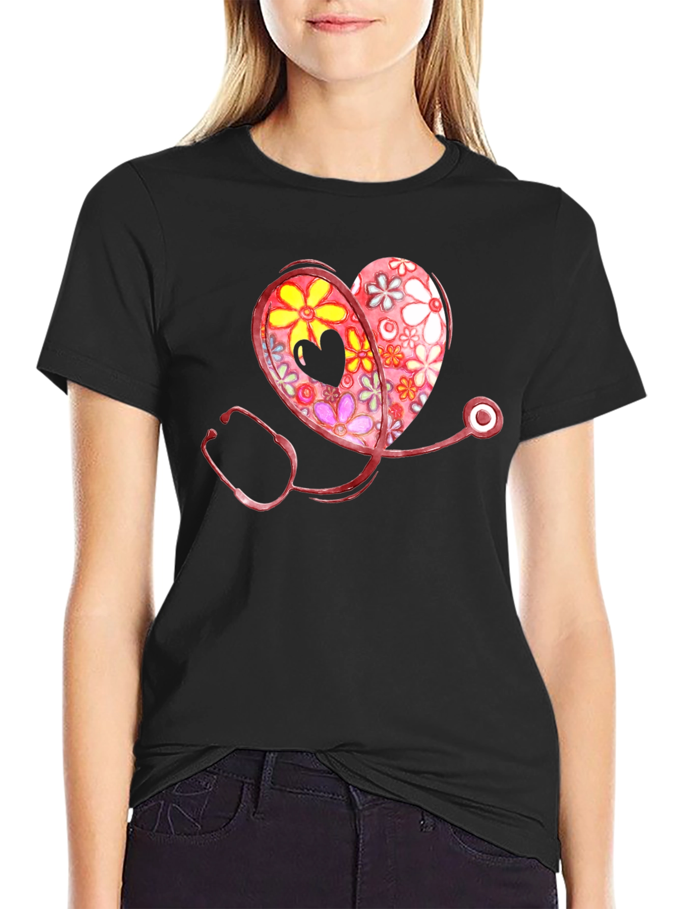 Floral Heart Stethoscope Graphic T-Shirt