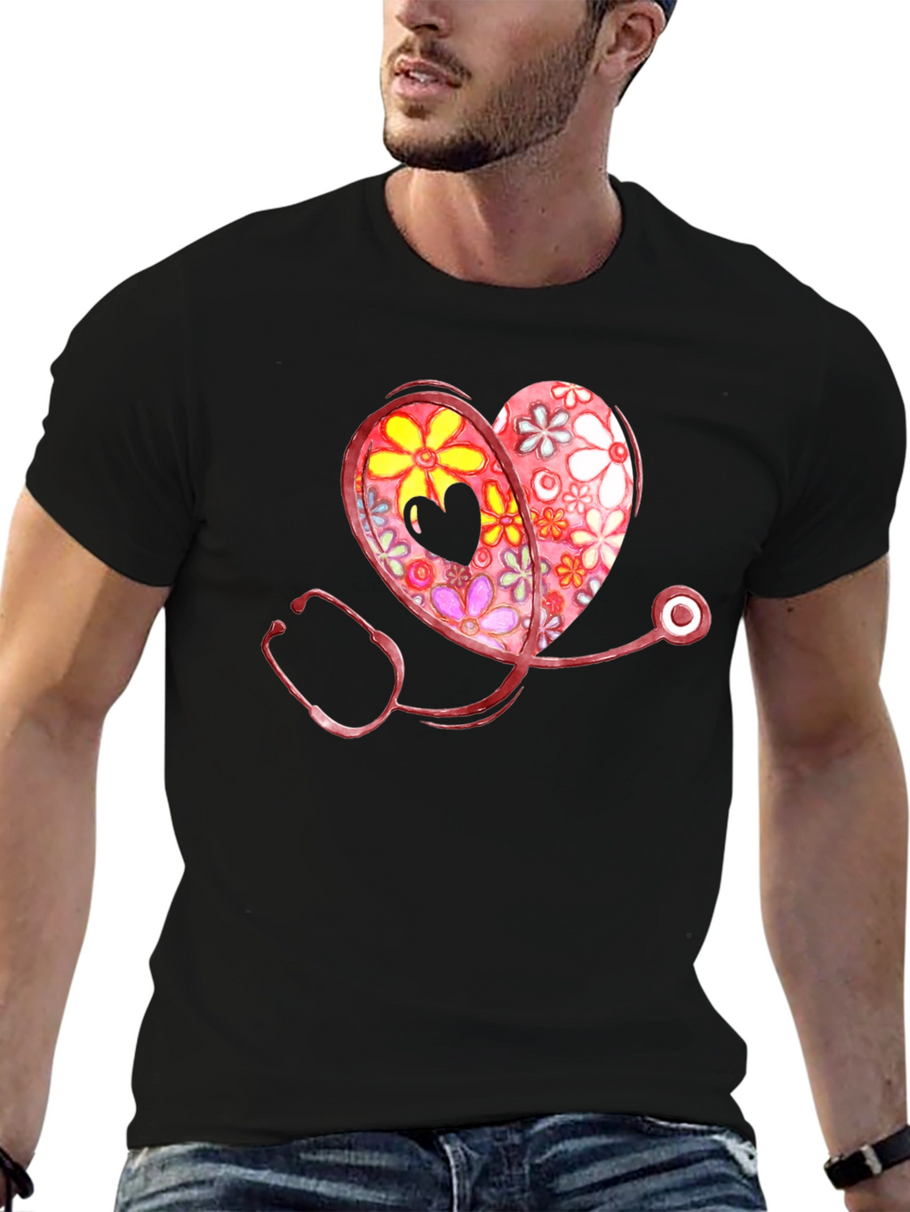 Floral Heart Stethoscope Graphic T-Shirt