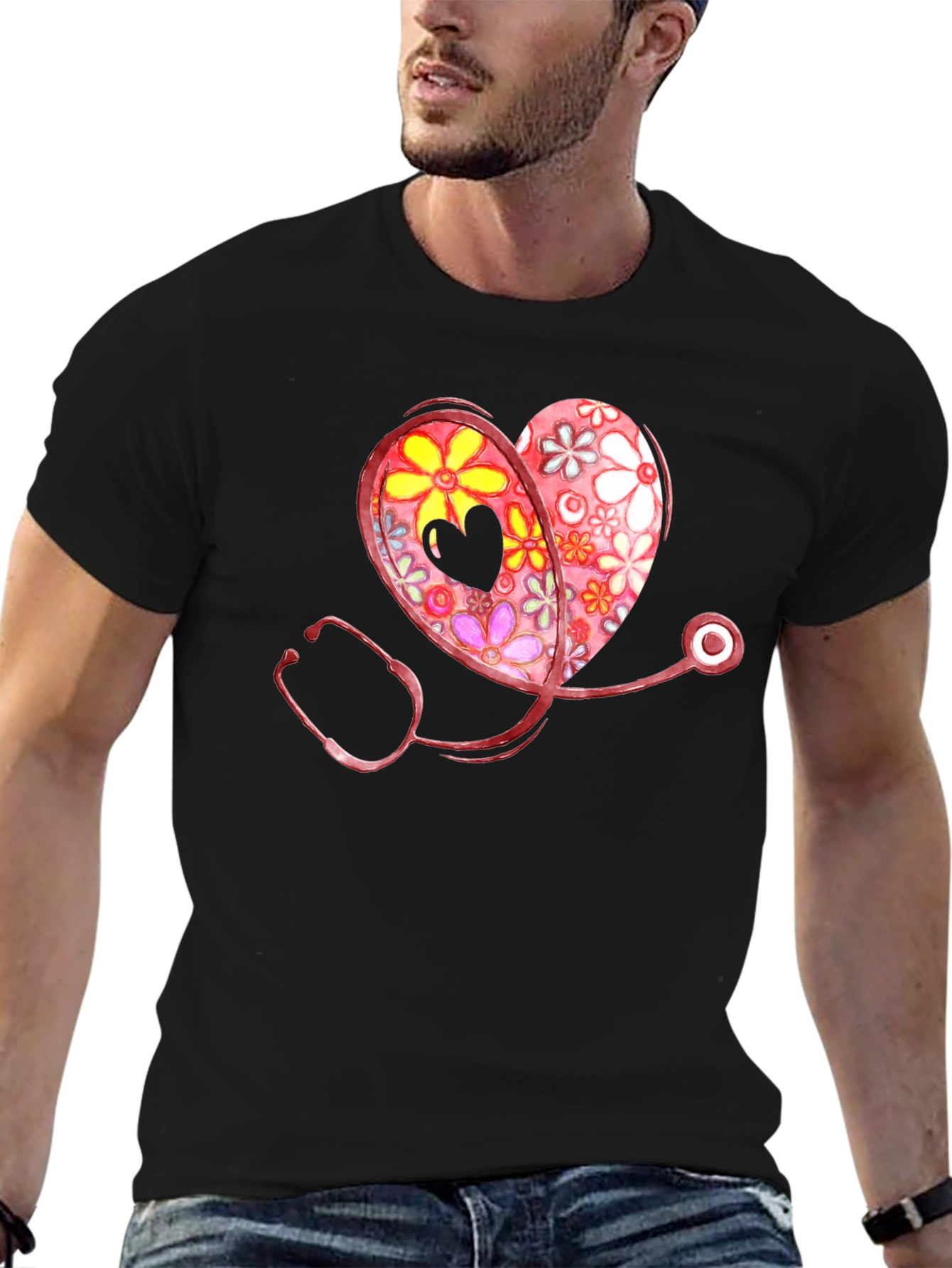 Floral Heart Stethoscope Graphic T-Shirt