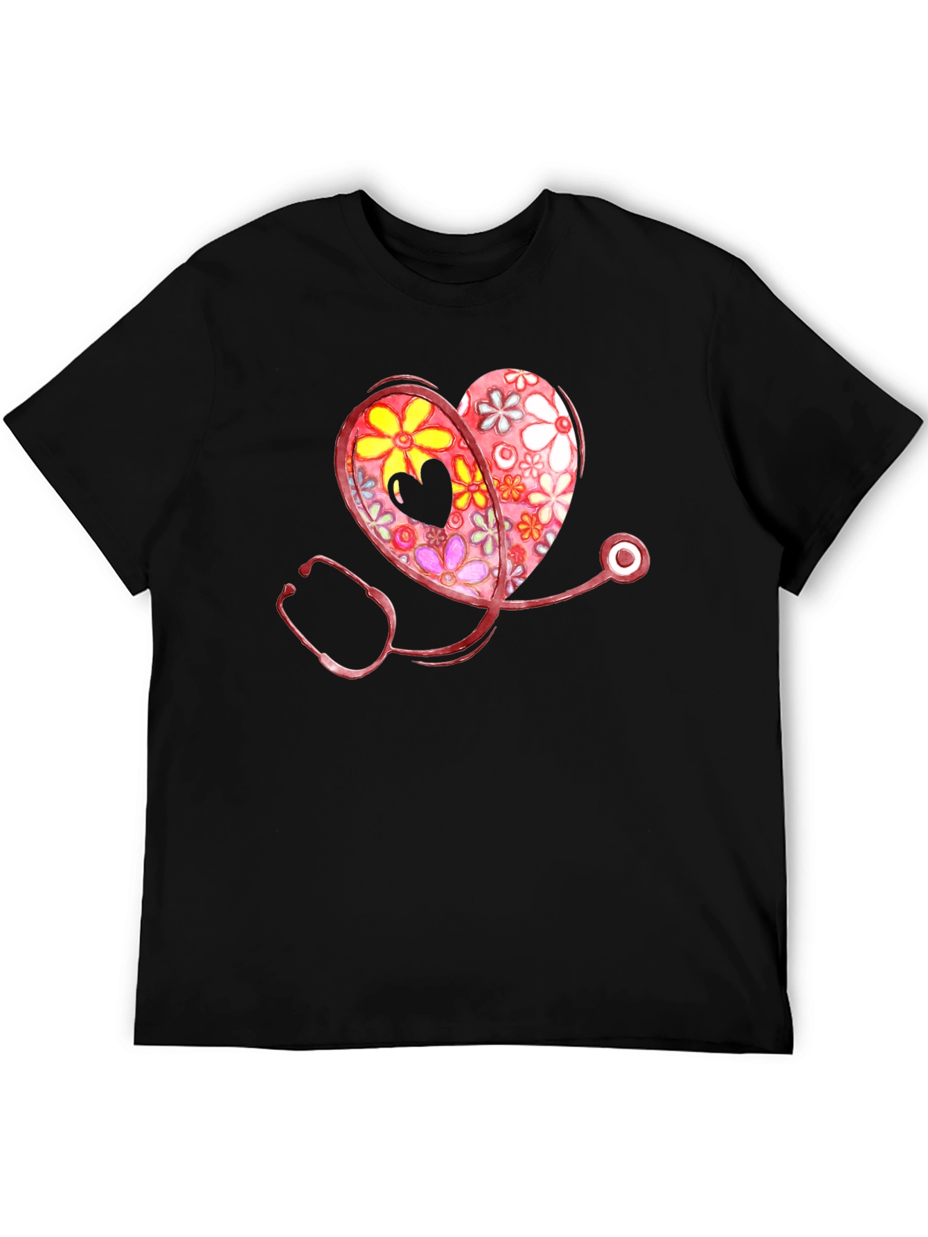 Floral Heart Stethoscope Graphic T-Shirt