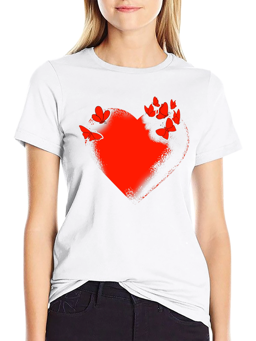 Red Heart & Butterflies Black T-Shirt