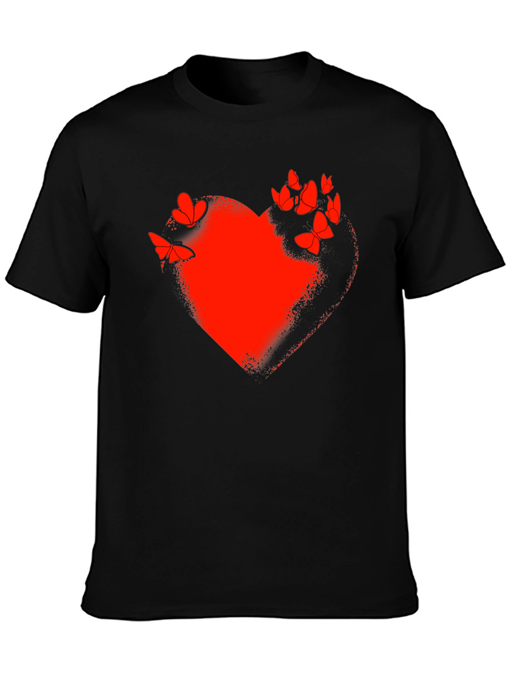 Red Heart & Butterflies Black T-Shirt