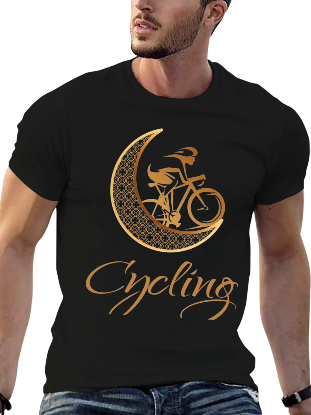 Cycling Moon Graphic Tee - Black Cotton Blend