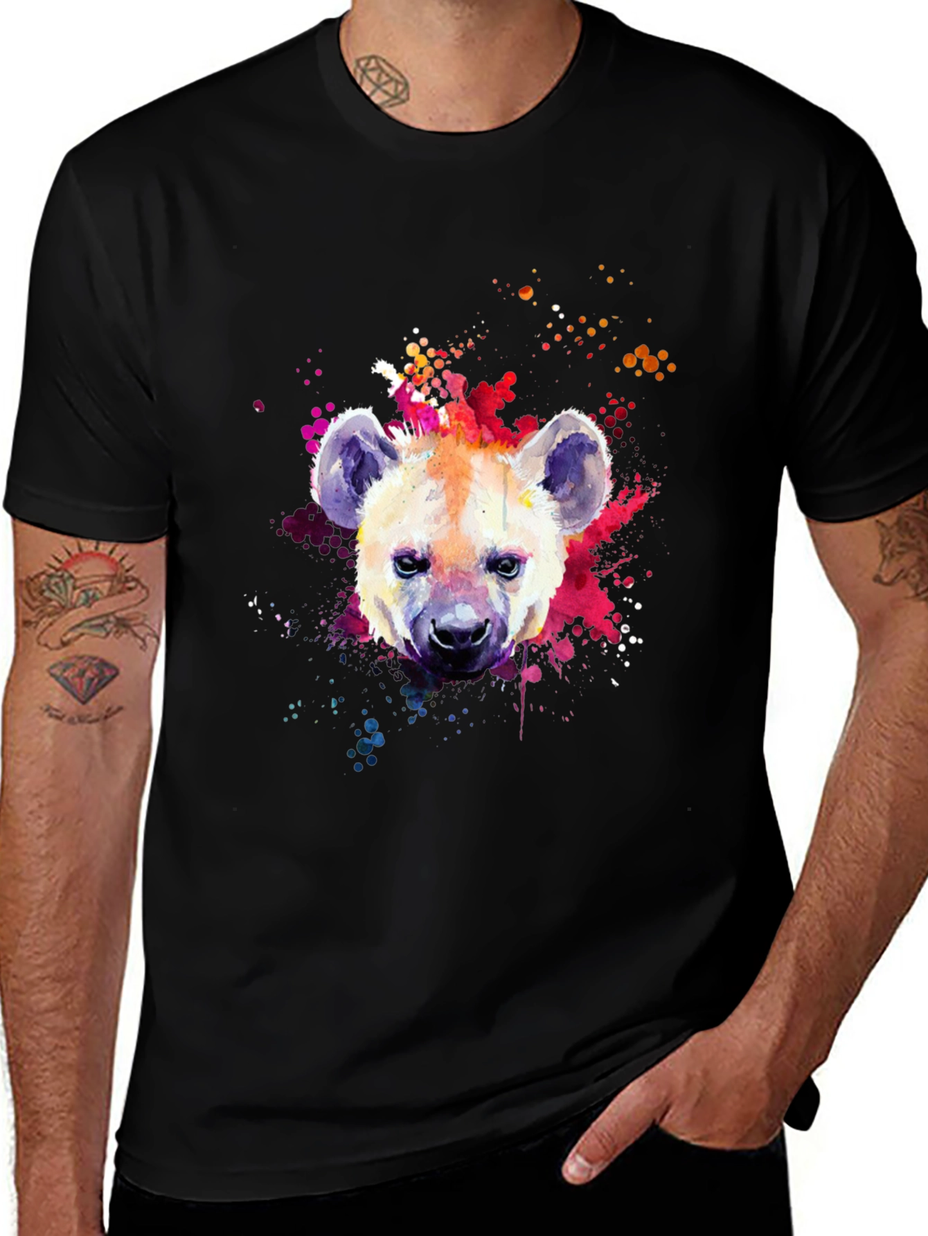 Hyena Watercolor Graphic Print Black T-Shirt
