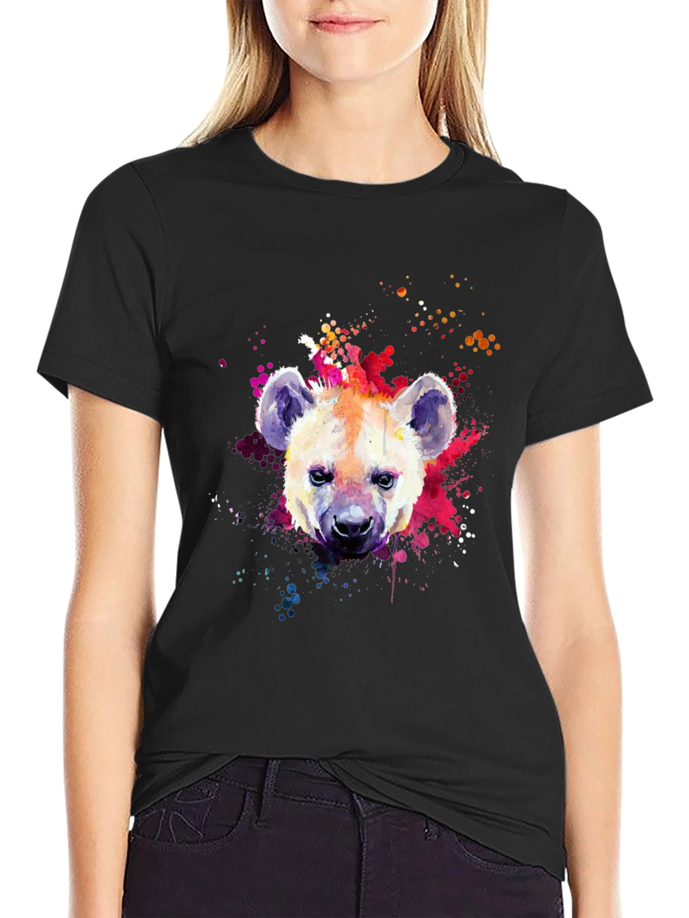 Hyena Watercolor Graphic Print Black T-Shirt