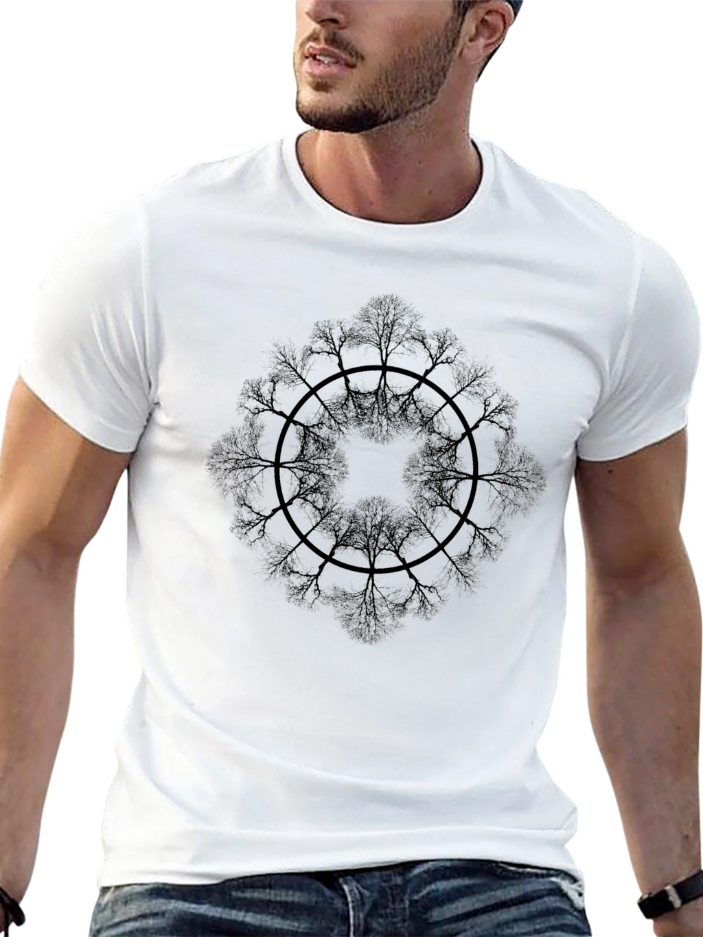 Black T-Shirt with Tree Mandala Design